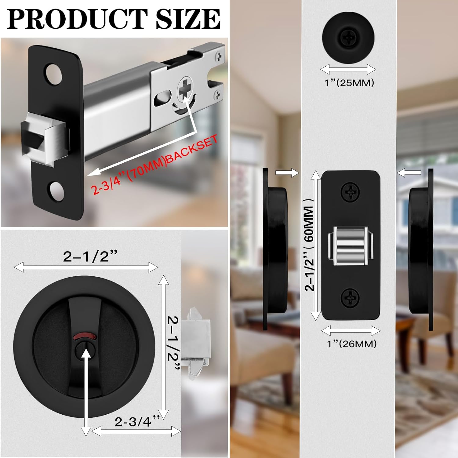 2 3/4” Backset Pocket Door Lock and Pull Matte Black Pocket Door Hardware Indicators Privacy Pocket Door Lock for Bathroom/Bedroom Pocket Door Handle with Lock Pocket Door Hardware with Lock