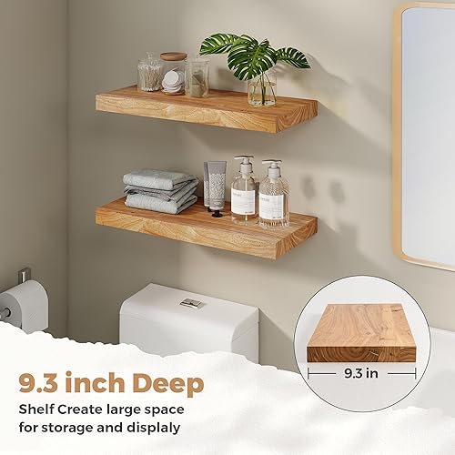 Miniatura 6 de RICHFOCUS Estantes flotantes de olmo para pared, 24 pulgadas de ancho x 9.3 pulgadas de profundidad, estantes rústicos de madera maciza con soporte