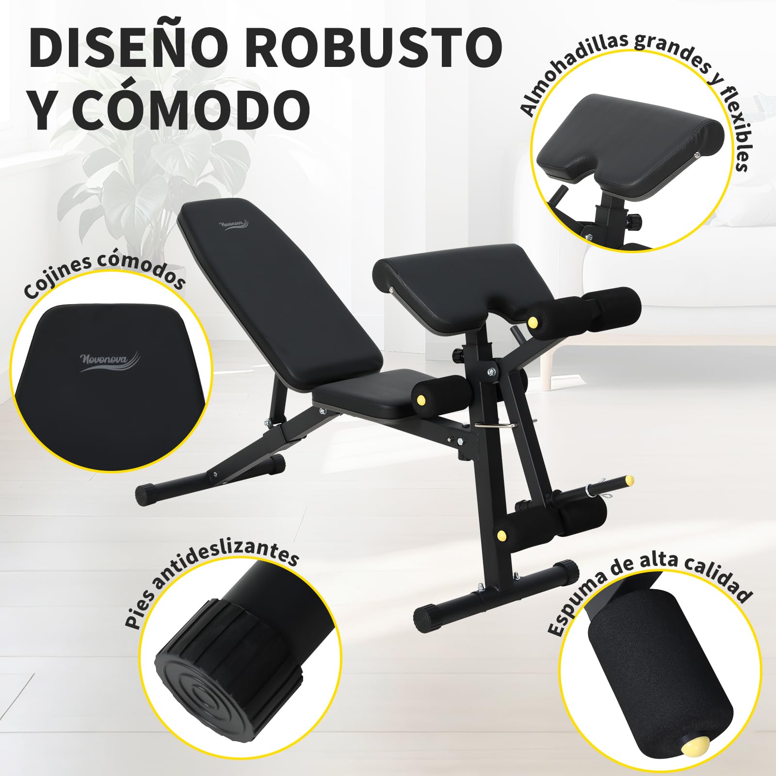 Banco Musculación Multifuncional con Respaldo Reclinable de 6 Posiciones, Banco De Pesas con cojín de predicador, Banco Pesas Plegable con extensión de piernas, Banco Abdominales,Banco Plano