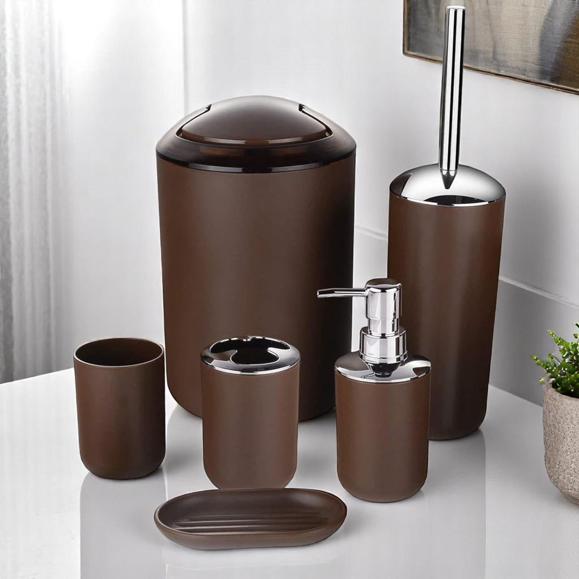 GMMH – Set di 6 accessori da bagno, con dispenser per sapone, porta saponetta e scopino per WC (modello 3, marrone)