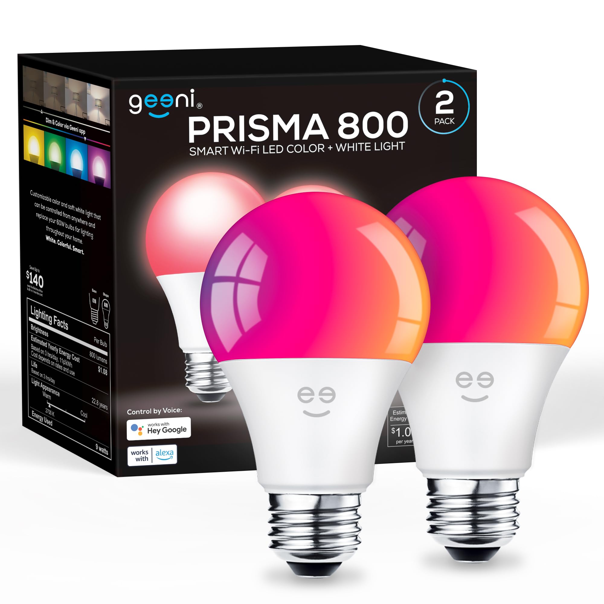 GSKAIWEN 60W LEDライト Geeni Prisma Smart Light Bulbs 2-Pack, Color Changing RGBW LED