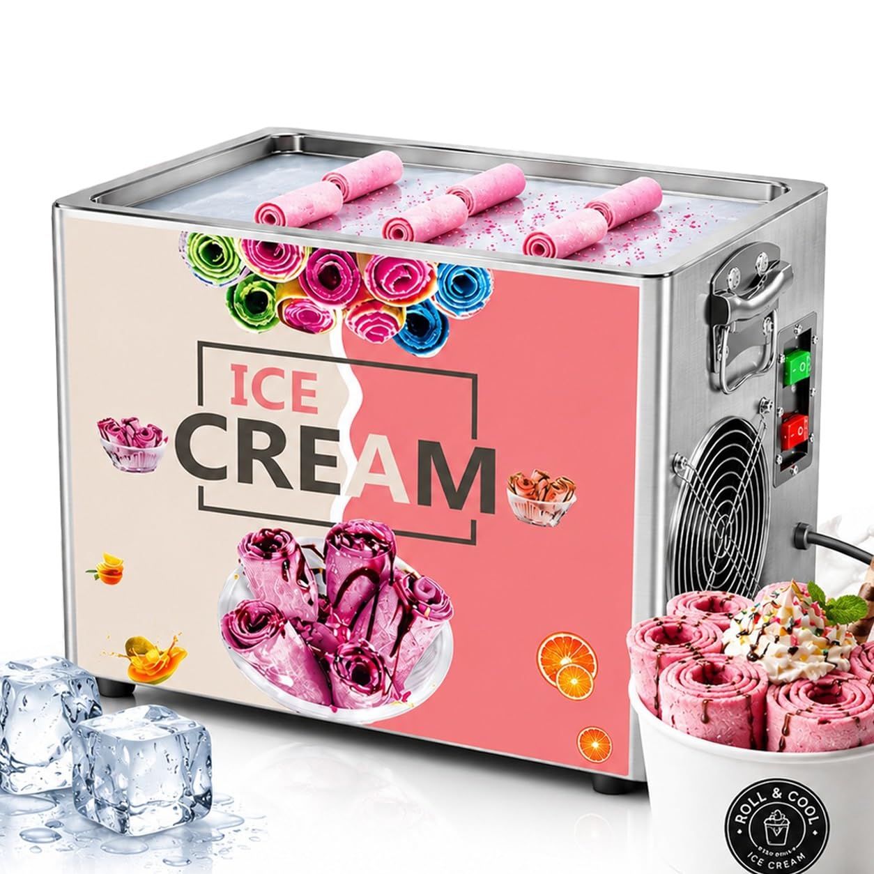 Gelatiera elettrica per gelato arrotolato, macchina professionale da banco in acciaio inox, piastra fredda con 2 raschietti per caffè e piccole imprese fai da te