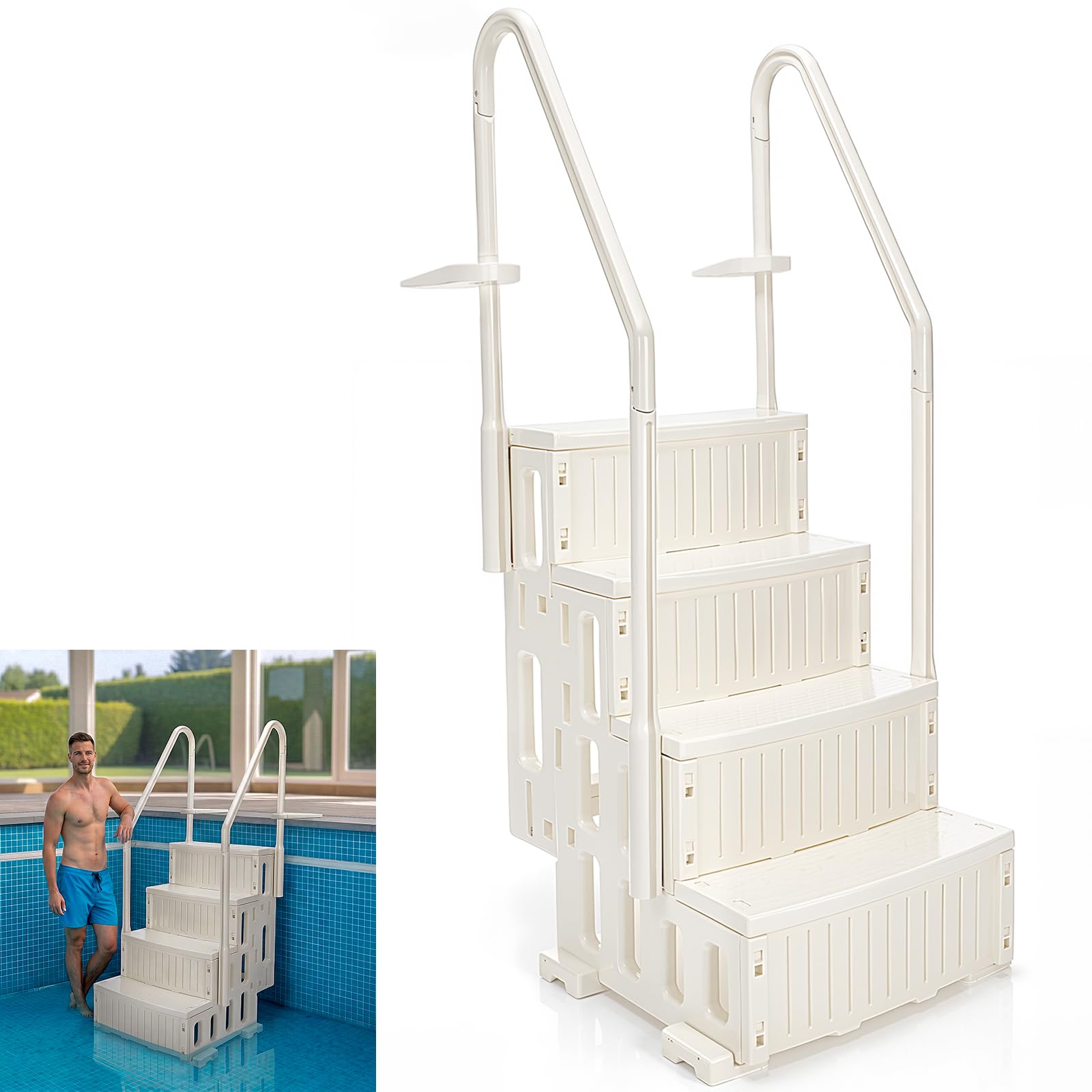 Yuntau Échelle de piscine 4 marches avec doubles mains courantes, échelle de piscine robuste antidérapante à larges marches, capacité de charge maximale jusqu’à 136 kg pour système d’entrée et de