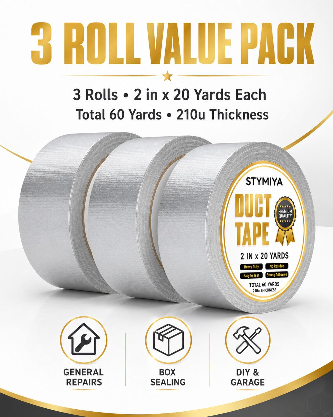 Silver Duct Tape Heavy Duty: Wide Waterproof Outdoor Duck Furniture Repair Tape Bulk - Strong Adhesive Weather UV Resistant No-Residue Masking Tapes Patterns Variety Pack (Silver, 3 * 2IN*20Yards)