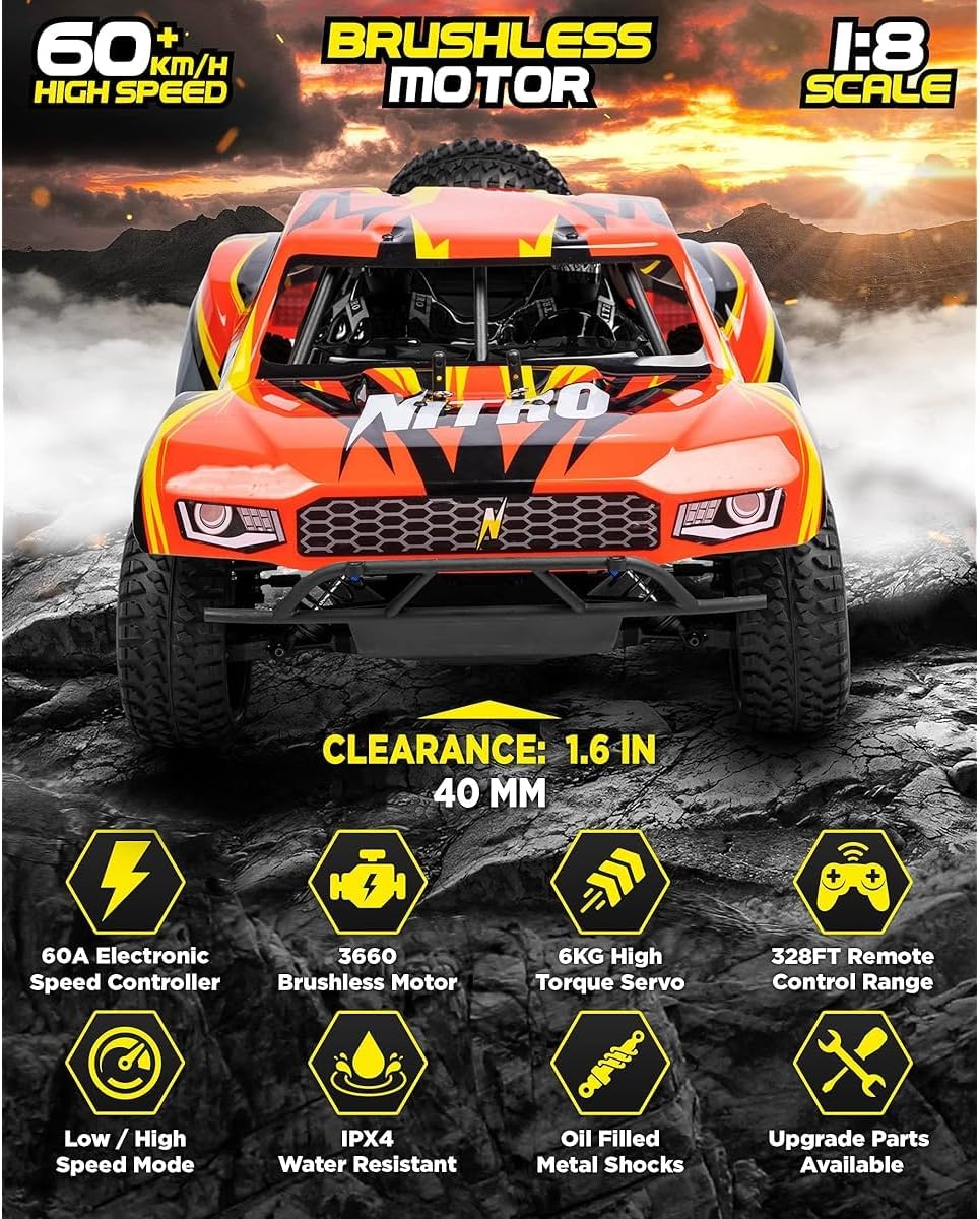 1/8 Scale Brushless RC Cars for Adults，Max 40mph Electric Off-Road Monster Truck,Waterproof High Speed RC Car 4WD Remote Control Car with 3S Lipo 30+ Min Play, All Terrain