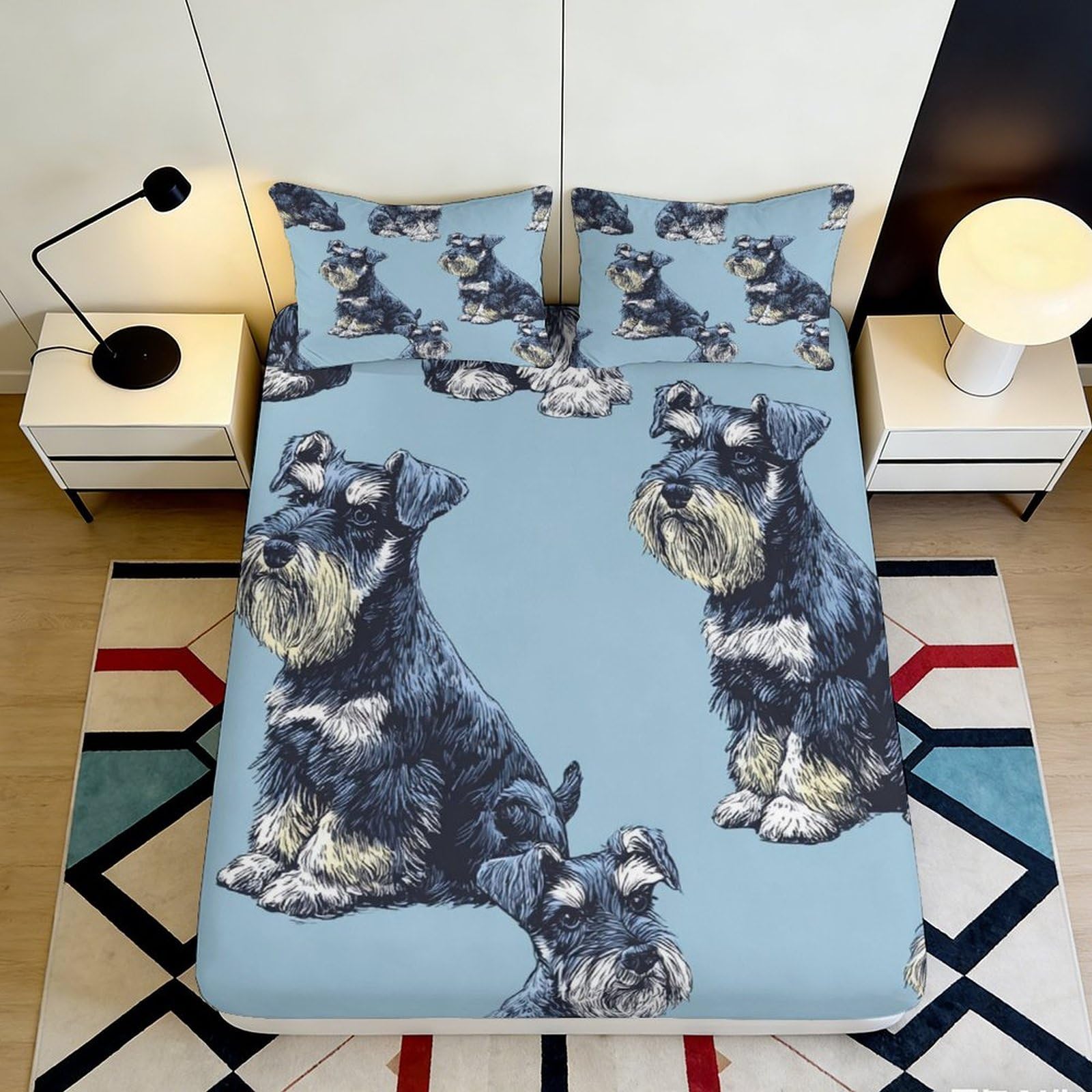 3D Printed Schnauzer Pattern Fitted Sheet Microfiber Deep Pocket Bedroom Bedding Schnauzer Mattress Fitted Cover 90x200x25cm