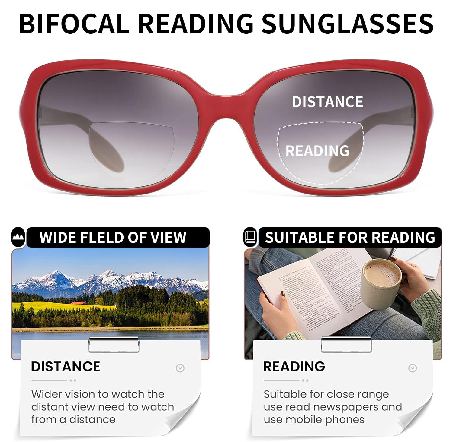JM Classic Bifocal Reading Sunglasses Square Stylish Gradient Sunglasses Readers for Women +2.75 Red - Image 3
