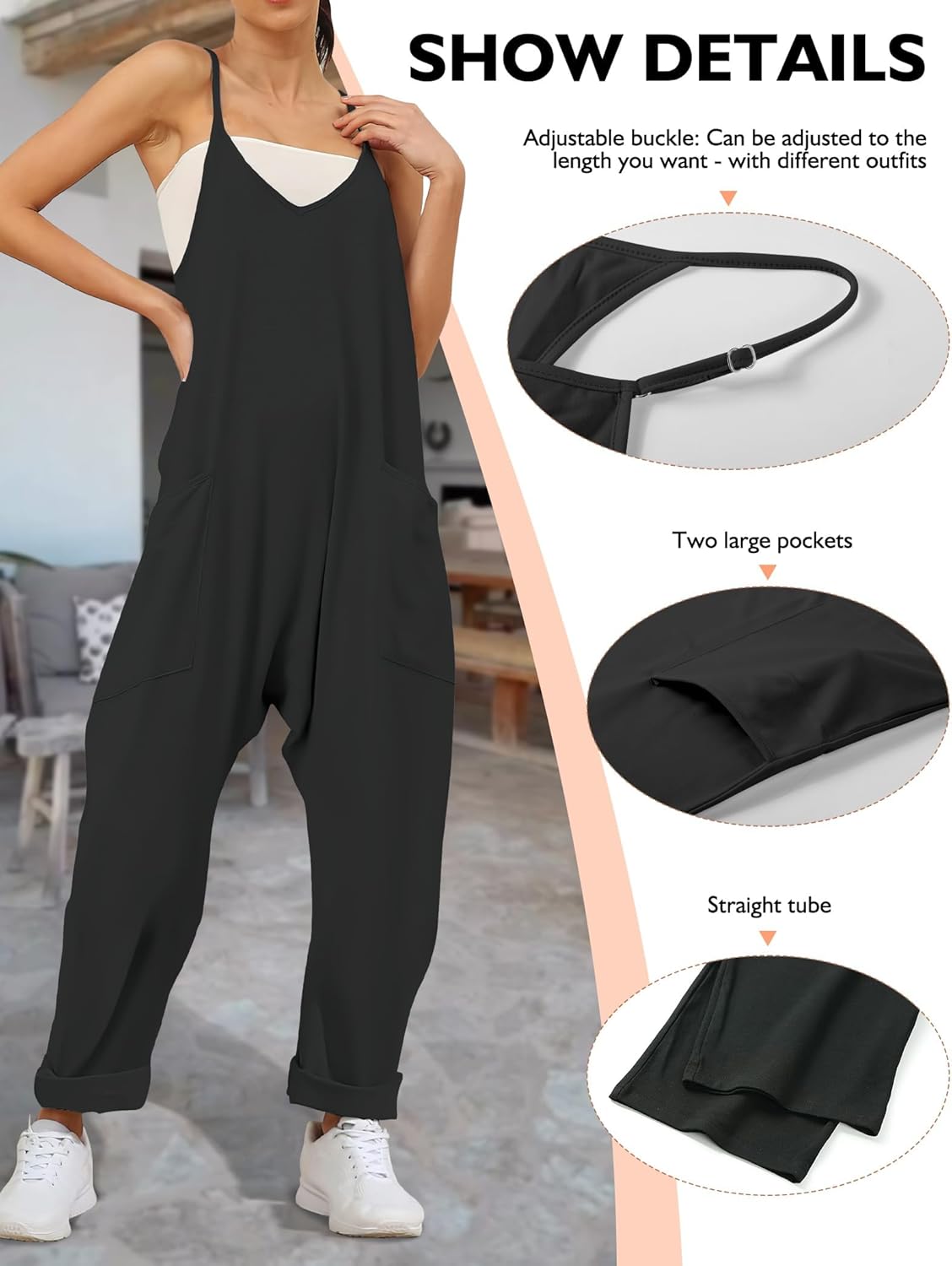 Buauty Jumpsuits for Women Casual V Neck Sleeveless Baggy Overalls Spaghetti Strap Jumpers with Pockets Summer Romper Clothes - Image 4