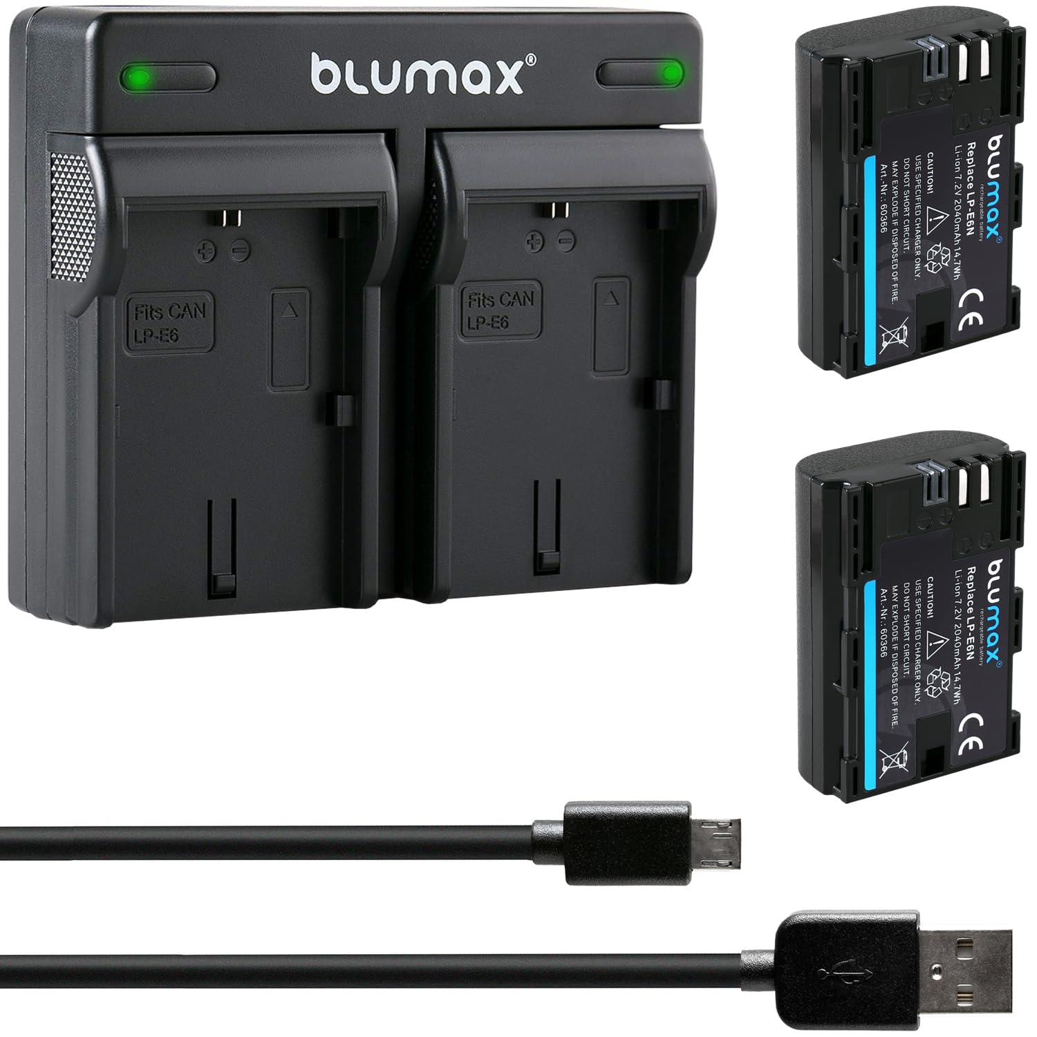 Blumax 2 baterías de 2040 mAh para Canon LP-E6N/LPE6N + cargador doble USB Mini USB para Canon EOS-R, EOS R, XC10 XC15 EOS 60D 70D 80D 5D Mark I Mark II Mark III IV 6D Mark I II 7D Mark I II