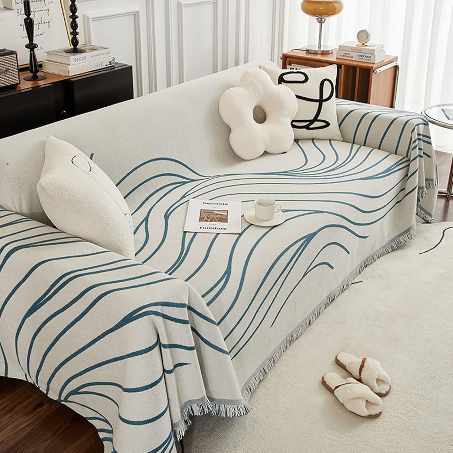 Outdoor Sofa Seat Covers for 3 Cushion Couch,Sofa Cover Outdoor with Wavy Lines Couch Cushion Covers Chenille Blue Universal Sofa Cover 70" x 102"