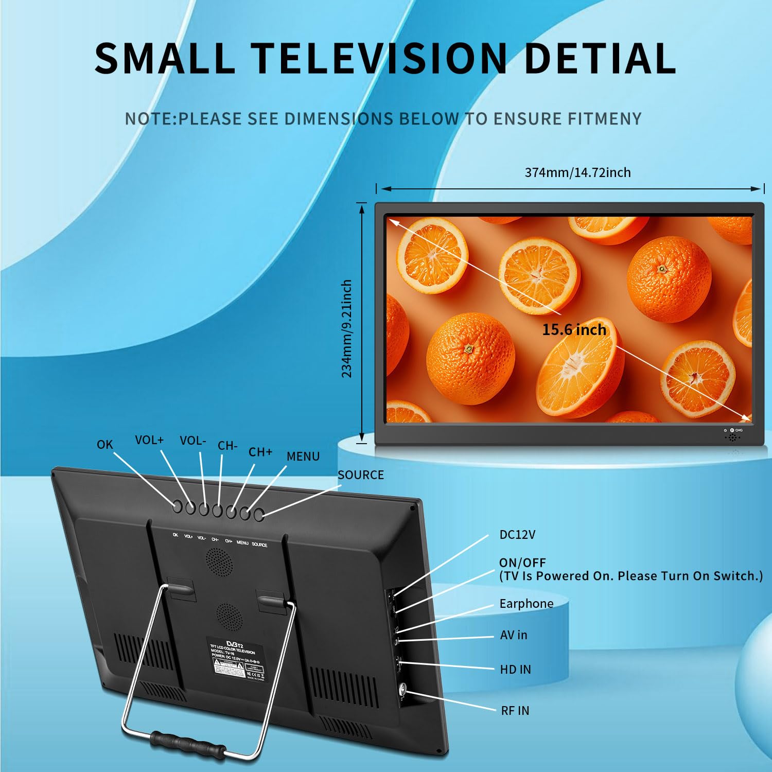 KCR 15,6-Zoll Digital TV, DVB-T2 Tuner, mit Netzkabel und 12 Volt Ladekabel, AV Eingang, HDMI Eingang, USB Slot, Fernbedienung, Tv Freeview