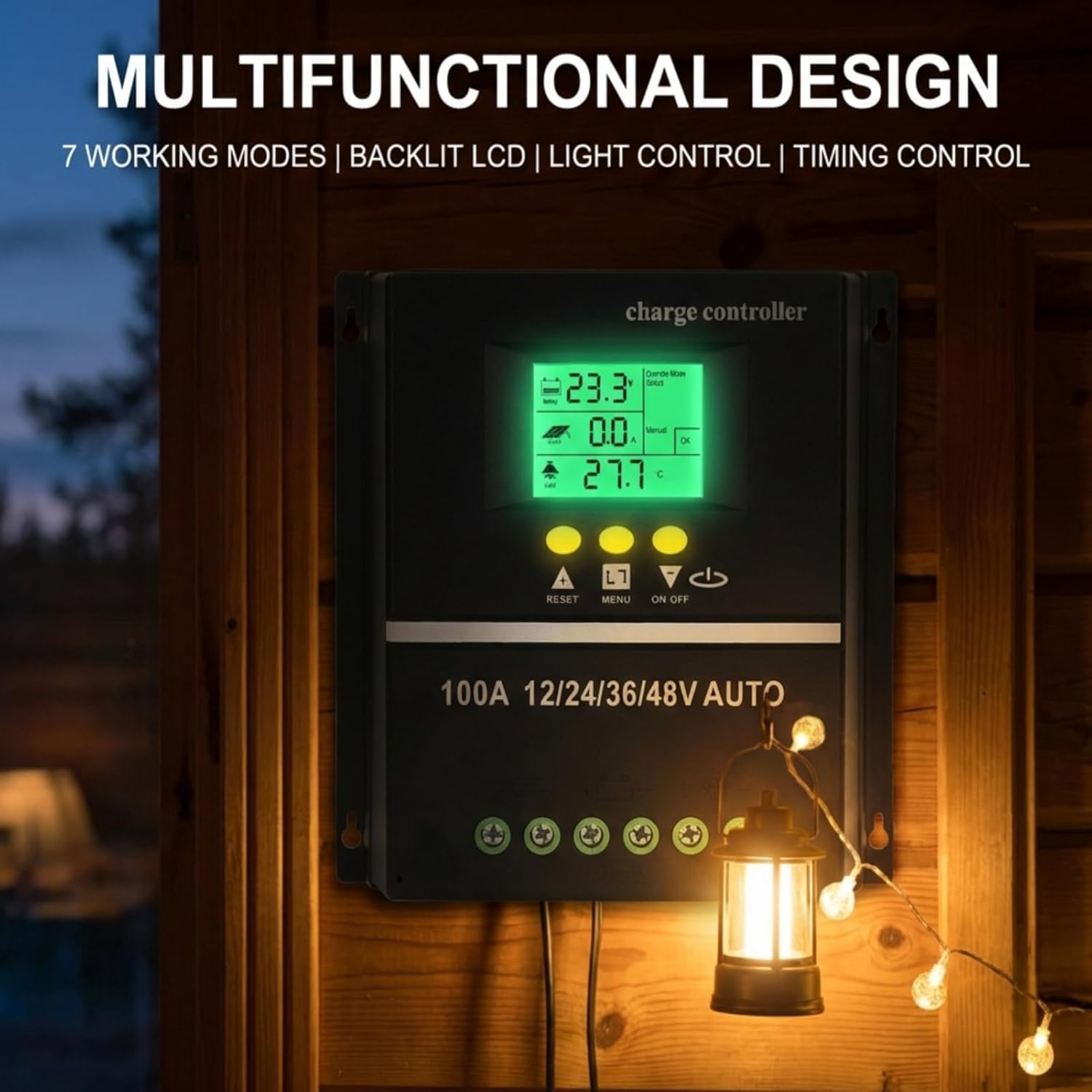MPPT Solar Charger Controller USB Port with Backlit, LCD Display Solar Panel Regulator 12V 24V 36V 48V Adaptive, 100A Intelligent Solar Charger Regulator Controller
