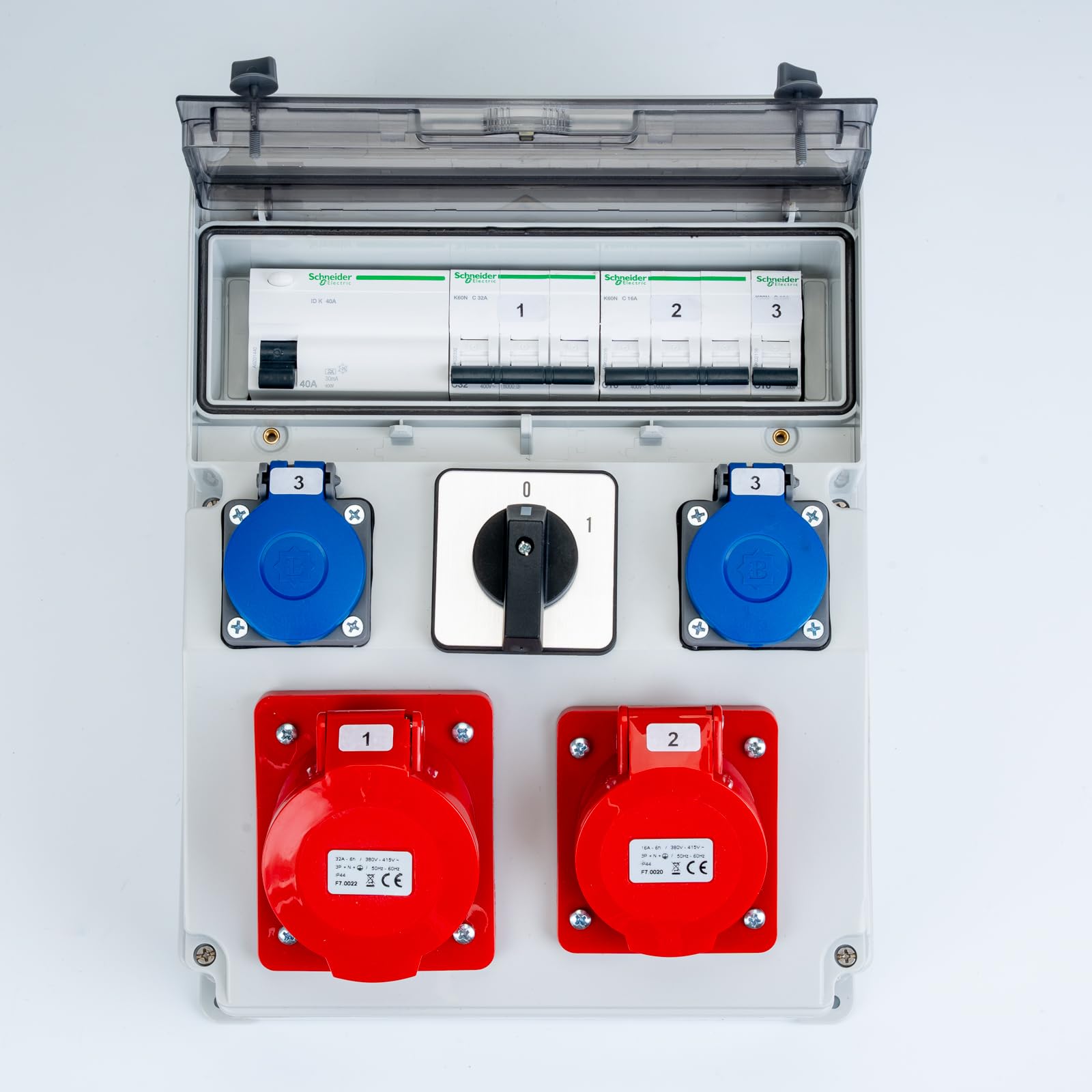 Lumiled Baustromverteiler mit Hauptschalter 0/1 32A, LS+FI, 1x CEE 32A 5-polig, 1x CEE 16A 5-polig, 2x Schuko 230V, Wandverteiler IP65 mit IP44 Steckdosen für Baustelle und Werkstatt