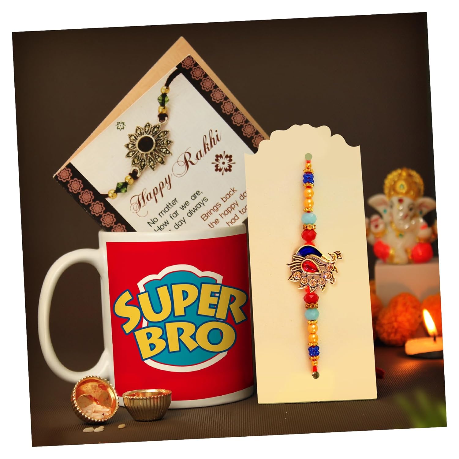 TIED RIBBONS Rakhi for Brother Combo with Gift – Premium Rakhi with Coffee Mug Mini Greeting Card Set – Rakhi Gift for Brother Bhai Set