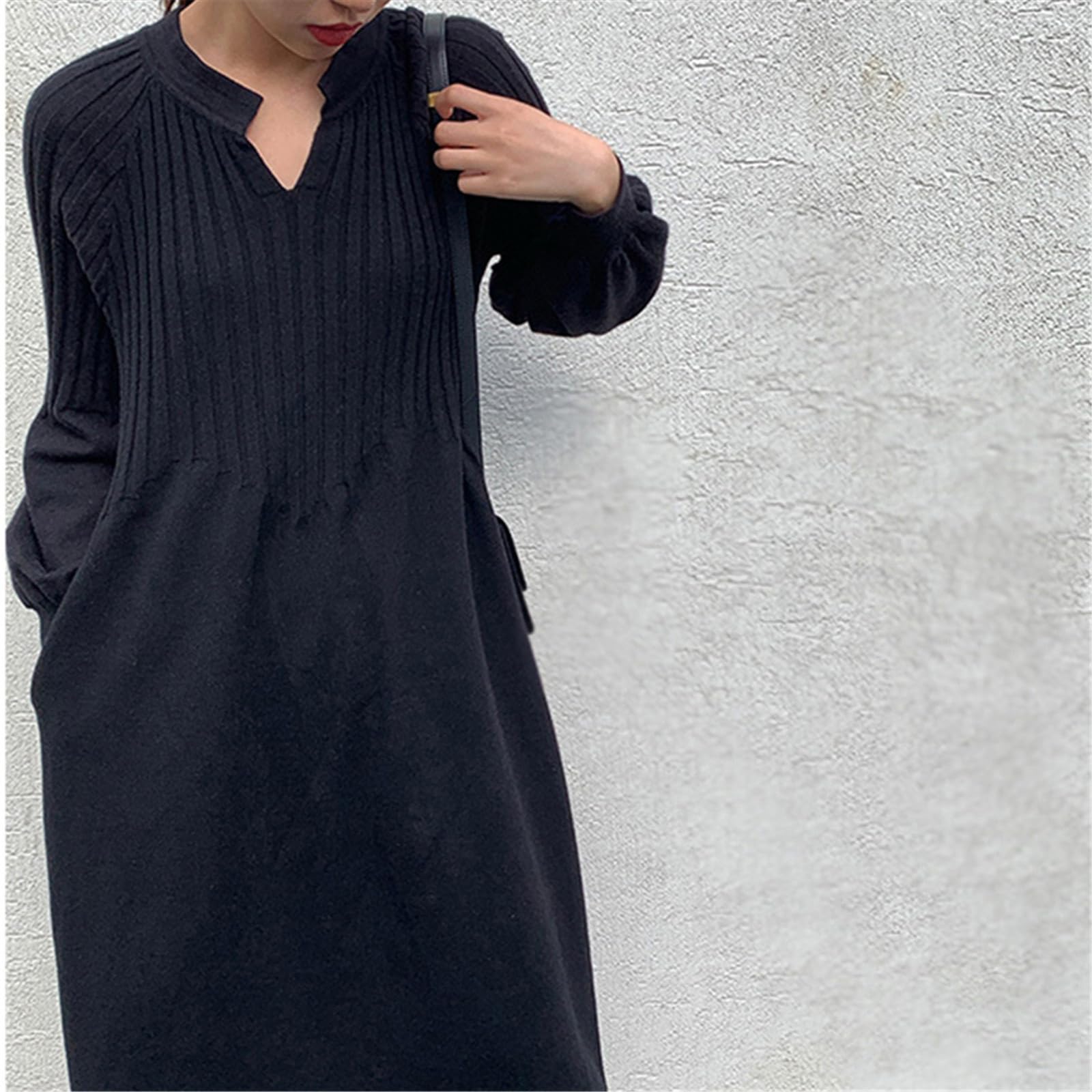 Vestido Básico De Manga Larga con Cuello En V De Punto Retro para Niña De Otoño E Invierno