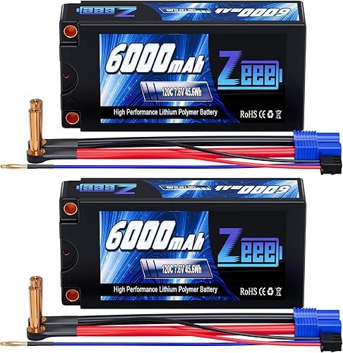 Zeee 2S Lipo Battery 6000mAh Shorty Pack 7.6V 120C - Batería rígida de alto voltaje con conector Bullet a EC3 de 0.197 in para vehículos RC escala