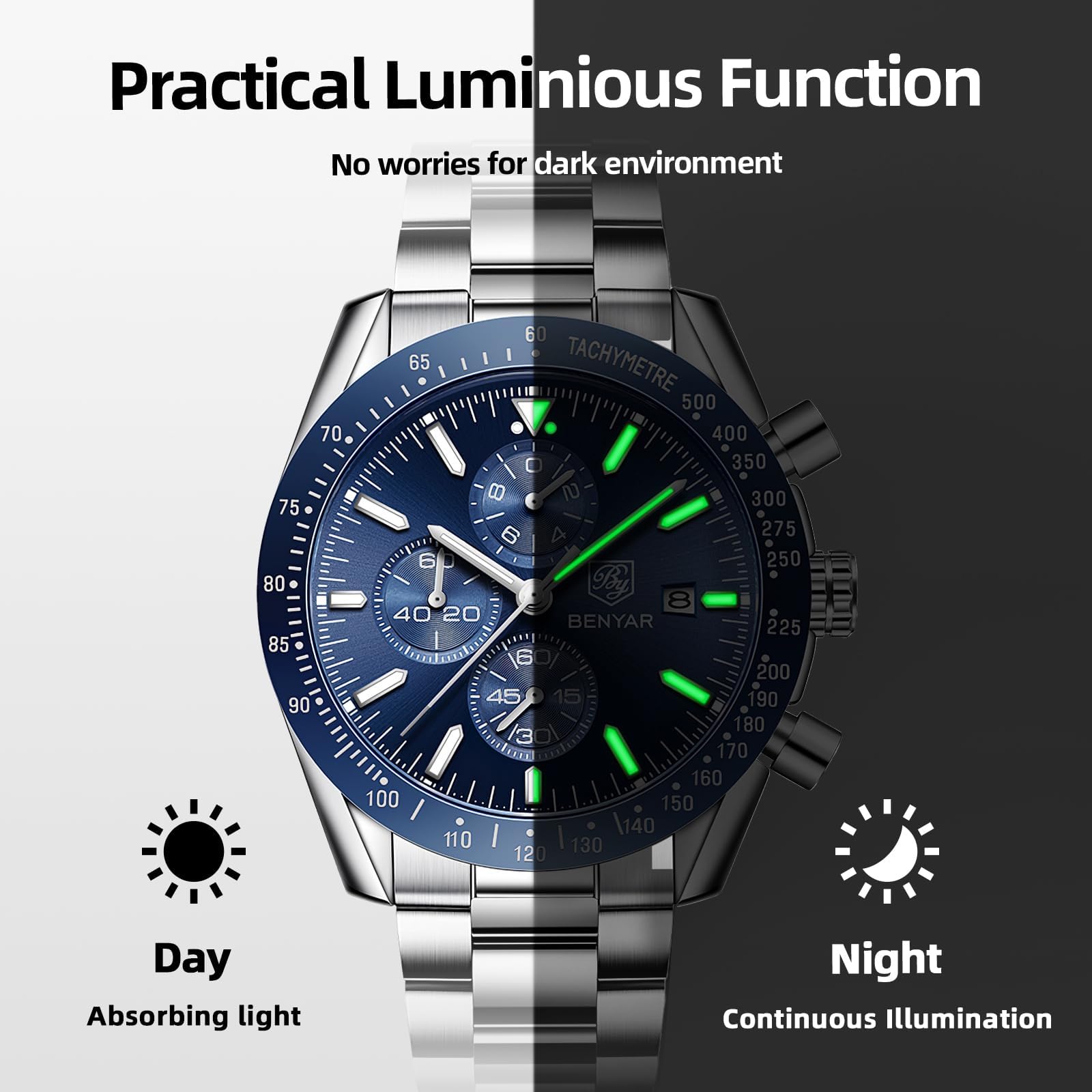 BENYAR BY Orologio Uomo Cronografo Analogico al Quarzo Impermeabile Luminoso Orologio da Polso Sportivo Orologi Regali per Uomo