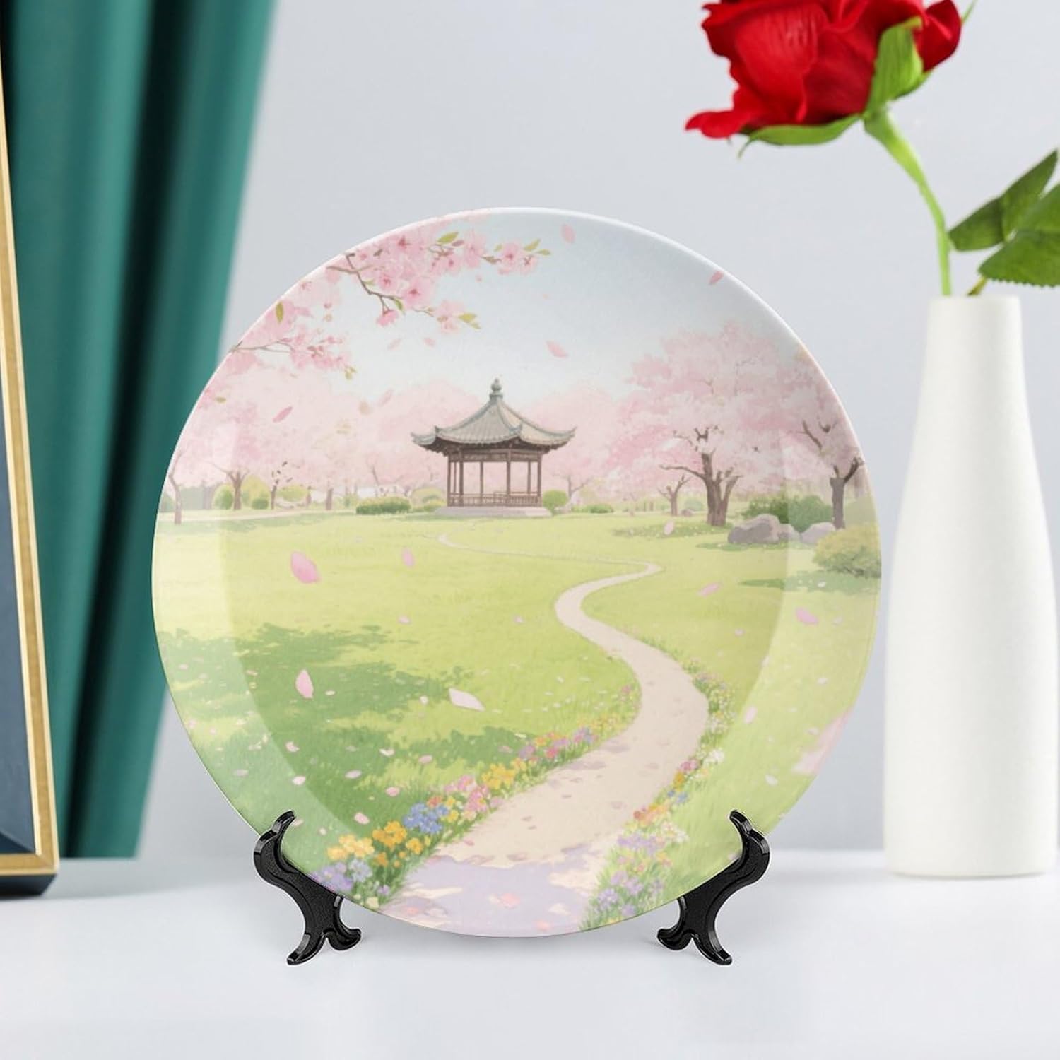 Bone China Decorative Plates A Park with Cherry Blossoms in Full Bloom Ceramic Decorative Plate Wall Decor with Display Stand Ceramic Ornaments for Wall Hanging Decoration
