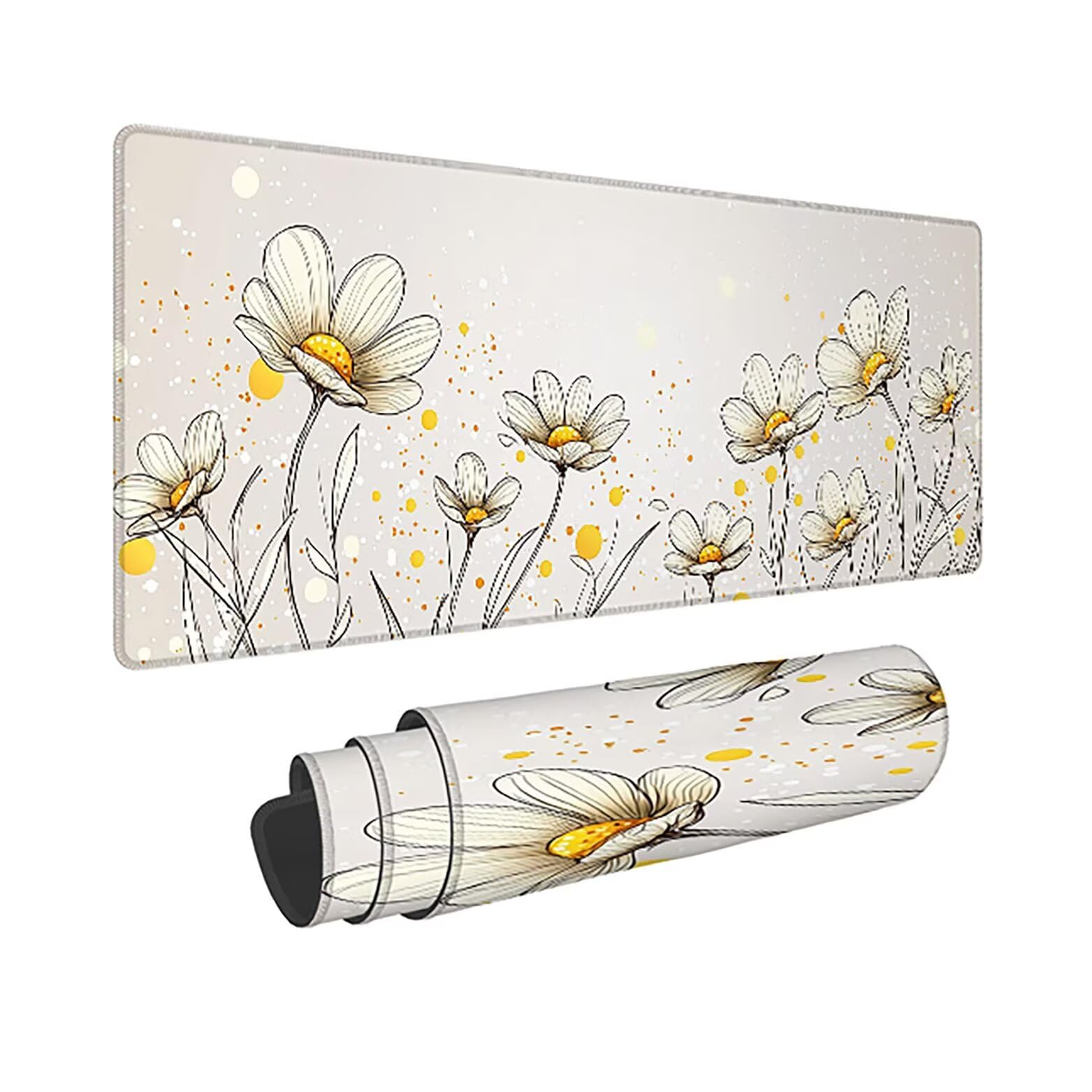 Podkładka pod mysz do gier XXL kwiat beżowa, podkładka pod mysz XXL - 1400 x 600 x 3 mm, podkładka pod mysz matowa, bardzo duża tkanina na biurko dla graczy, antypoślizgowa podstawa, dla graczy