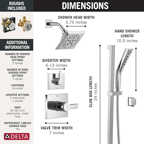 Miniatura 7 de Delta Faucet Sistema de ducha cromado pivotal de 3 ajustes, incluye cabezal de ducha cromado, barra deslizante, mango de ducha, desviador de ducha y