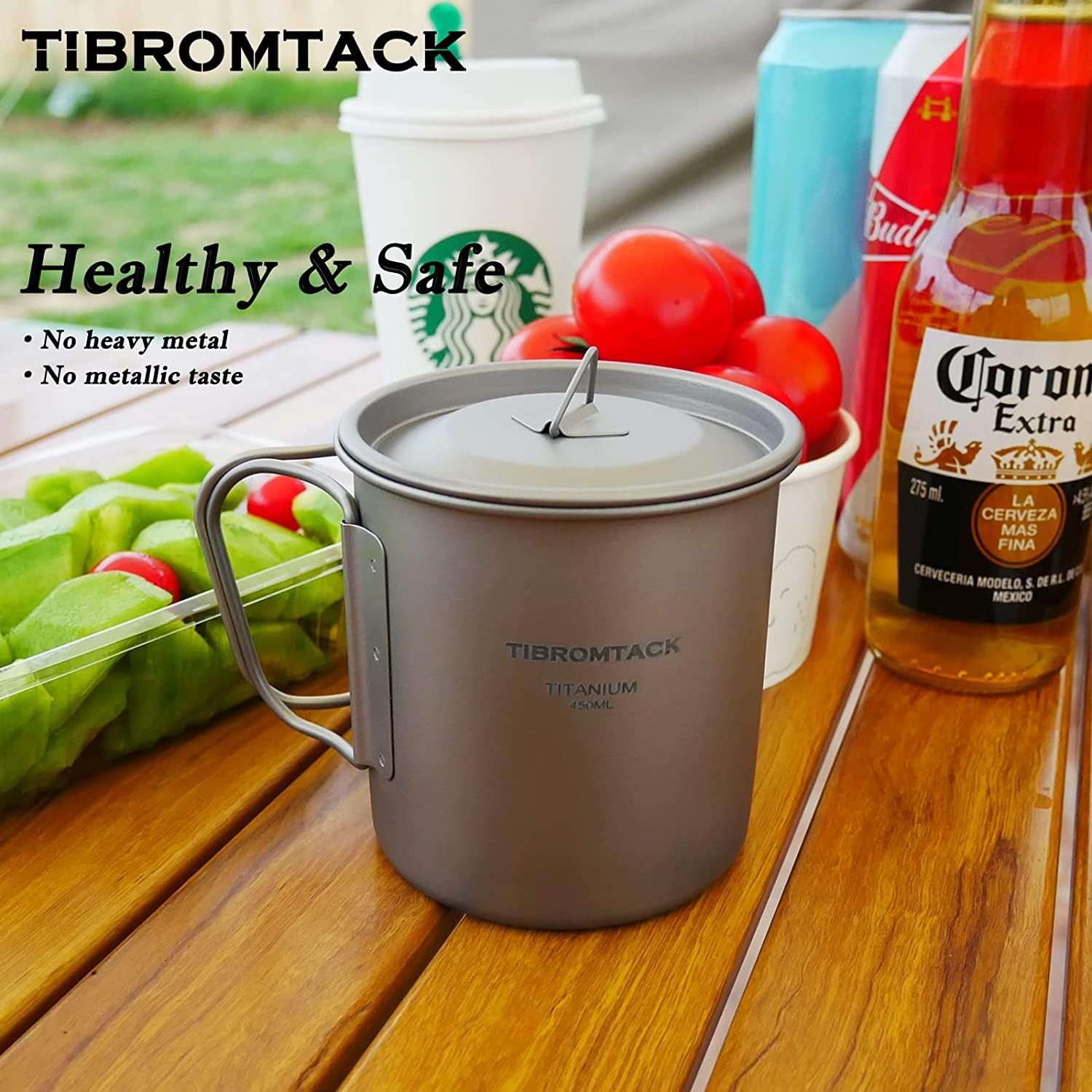 Tasse Pliante d'extérieur avec Couvercle, Tasse Camping Titane Portable, Mug en Titane de Camping Ultraléger 450ml pour l'extérieur avec Poignée Pliable et Sac en Filet