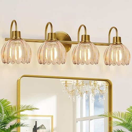 4-Light Bathroom Light Fixtures, 27" Brushed Gold Vanity Lights for Bathroom with Ribbed Amber Tulip Glass Shade, Vintage Bathroom Vanity Lighting Fixtures Over Mirror for Bedroom Living Room Hallway