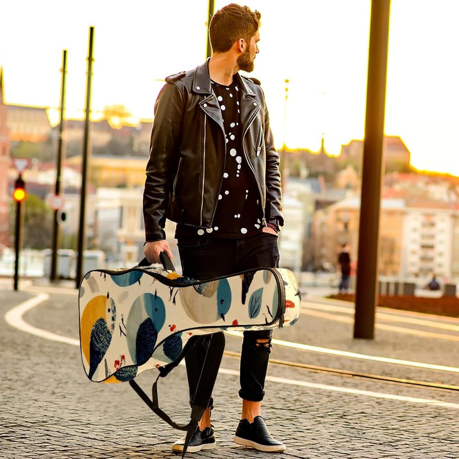 Acoustic Guitar Gig Bag 10mm Thick Padding, Soft Waterproof Guitar Case with Adjustable Backpack Straps for 40-42 Inch Guitar, Cute Bird Seamless Pattern