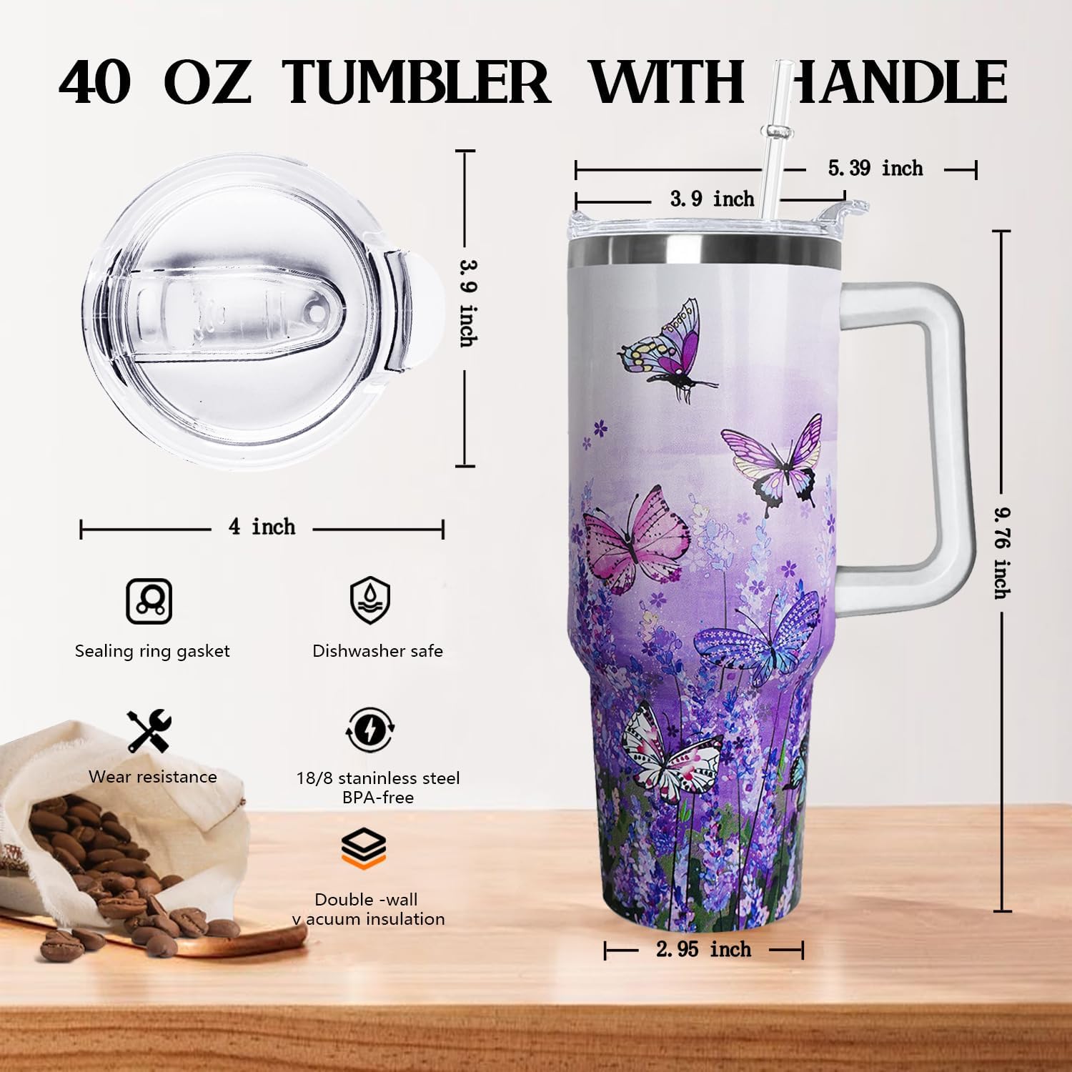 Ceovfoi 40 Oz Butterfly Tumbler With Handle, Purple Lavender Coffee Travel Mug Cup, Water Bottle, Butterfly Decor, Gifts for Women
