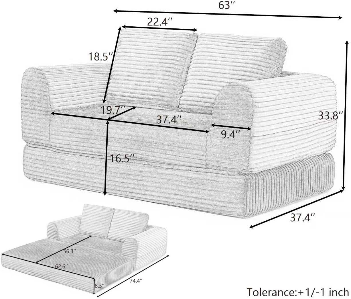 Foldable Boneless Love Seat Couches in a Box, Modern Floor Foam Sleeper Sofa Bed 2-in-1 Convertible Cloud Sofa for Home Apartments Bedroom