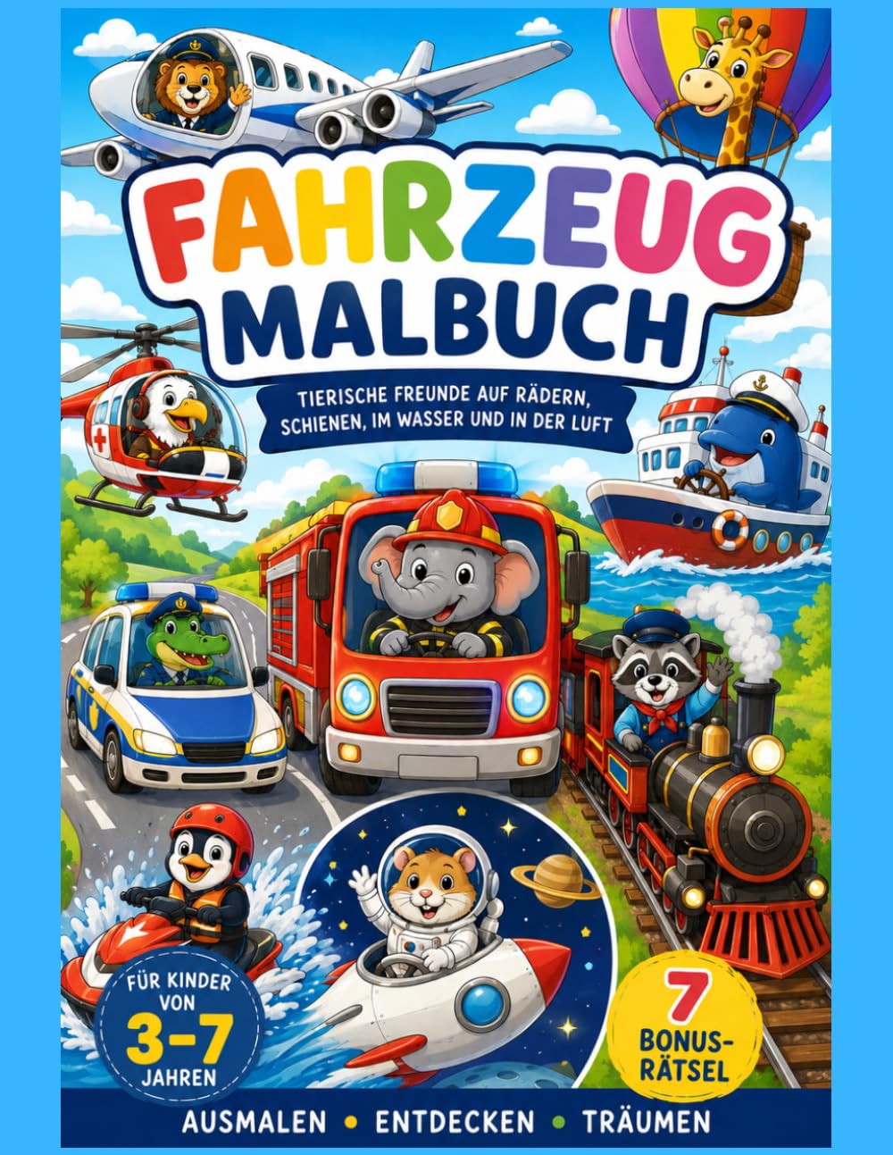Das große Fahrzeug Malbuch für Kinder: Tierische Abenteuer mit Baggern, Feuerwehrautos, Flugzeugen, Schiffen, Zügen und Raketen | 40 Ausmalbilder & 7 Bonus-Rätsel
