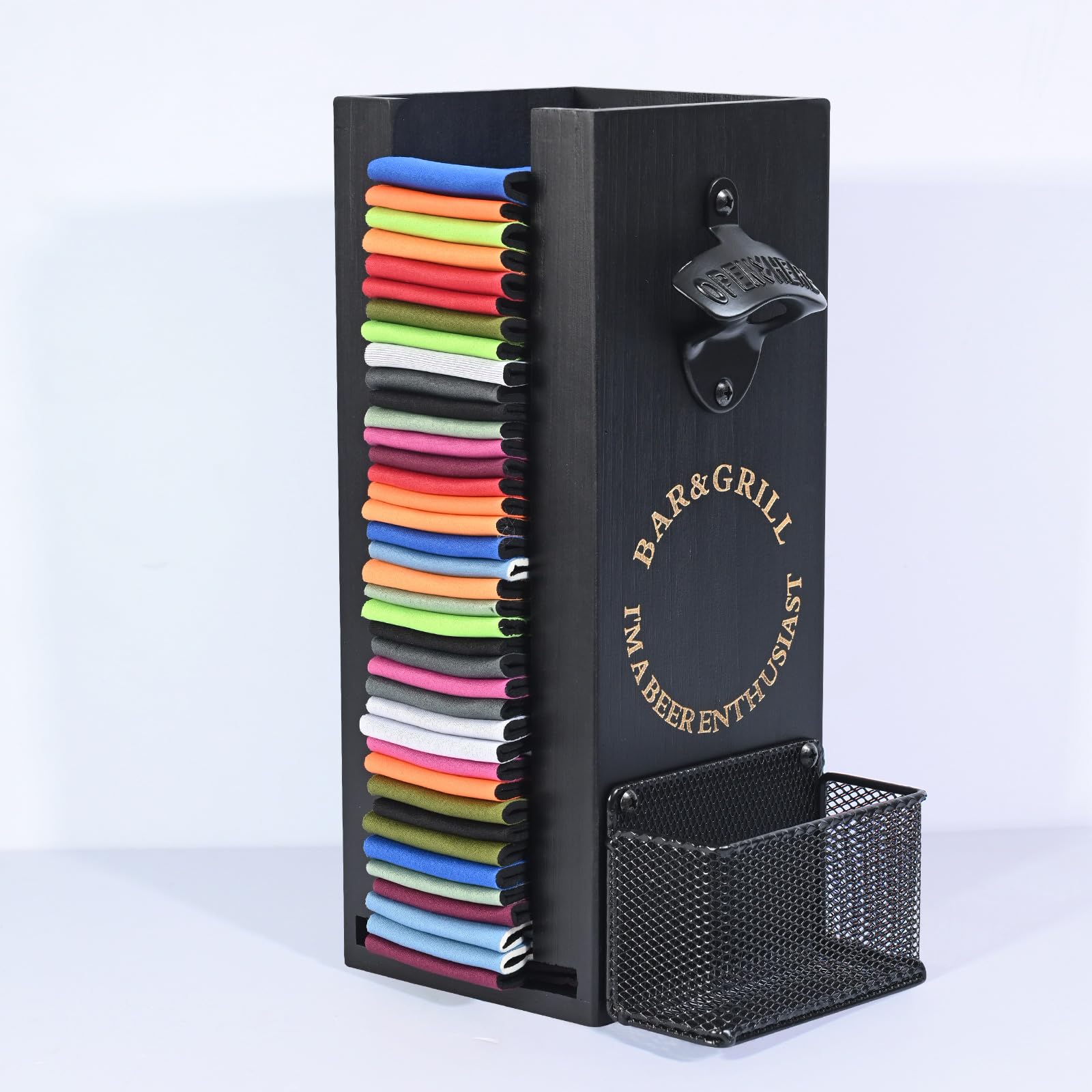 LEIRUOTM 3-in-1 Can and Bottle Cooler Holder with Opener - Wooden Beer Sleeves Organizer & Dispenser - Wall Mounted Storage - Ideal for Home Bars and