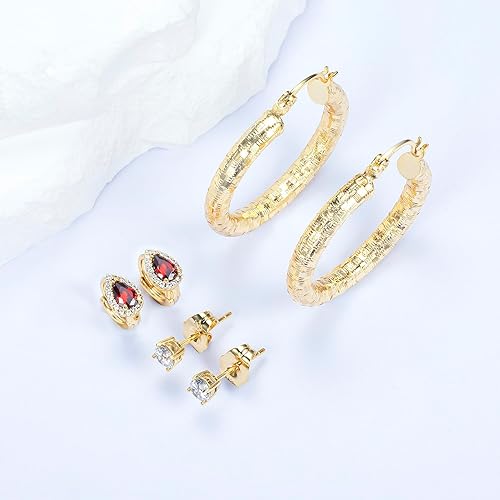 Miniatura 2 de Aretes de aro chapados en oro amarillo de 18 quilates, con forma de corazón rojo y lágrima con circonita cúbica de corte de diamante, juego de