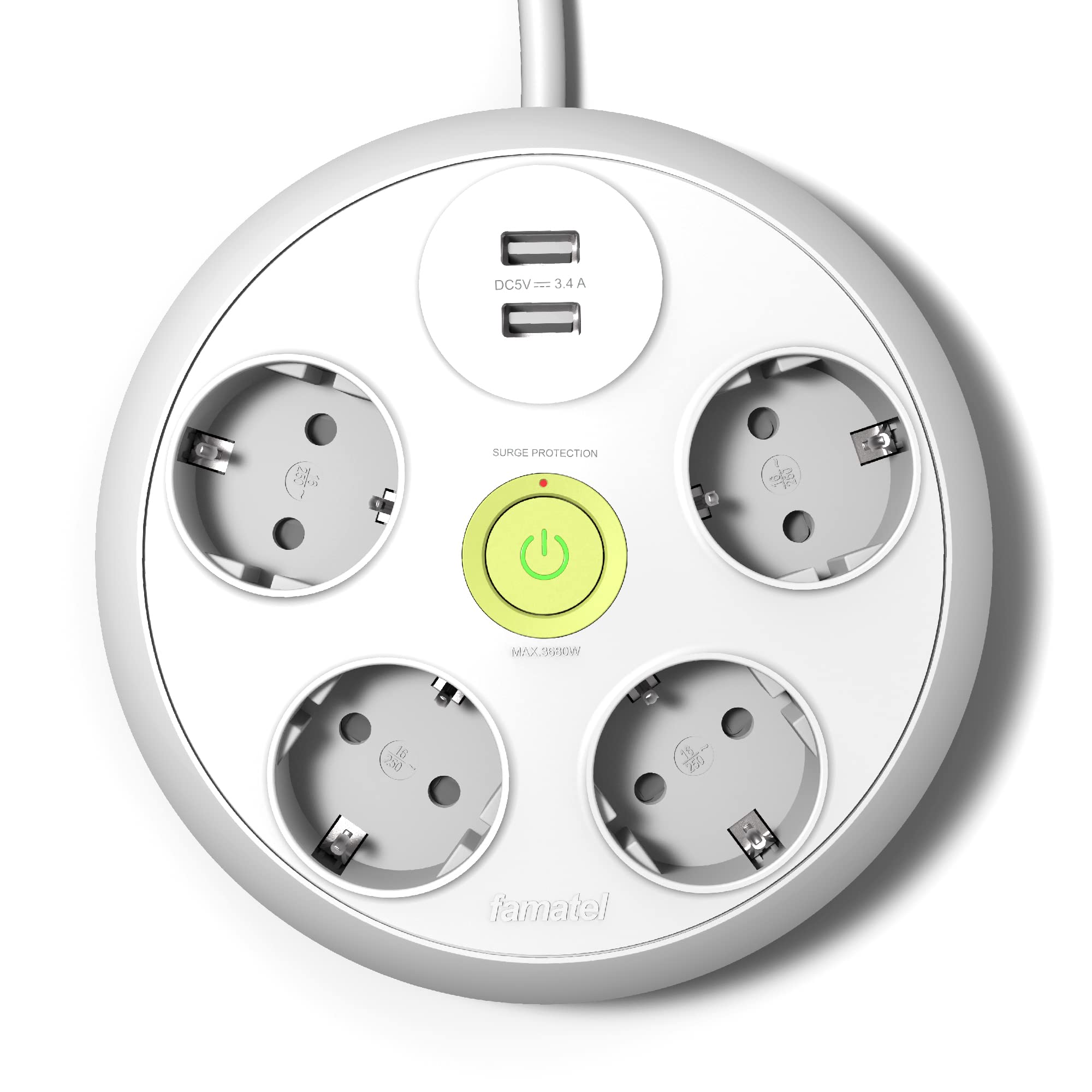 FAMATEL – Multipresa rotonda a 4 prese + 2 prese USB + interruttore | cavo da 3 m | con TT | 16 A | 250 V | Bianco | Spina USB di Ricarica Rapida | Protezione Sovratensioni
