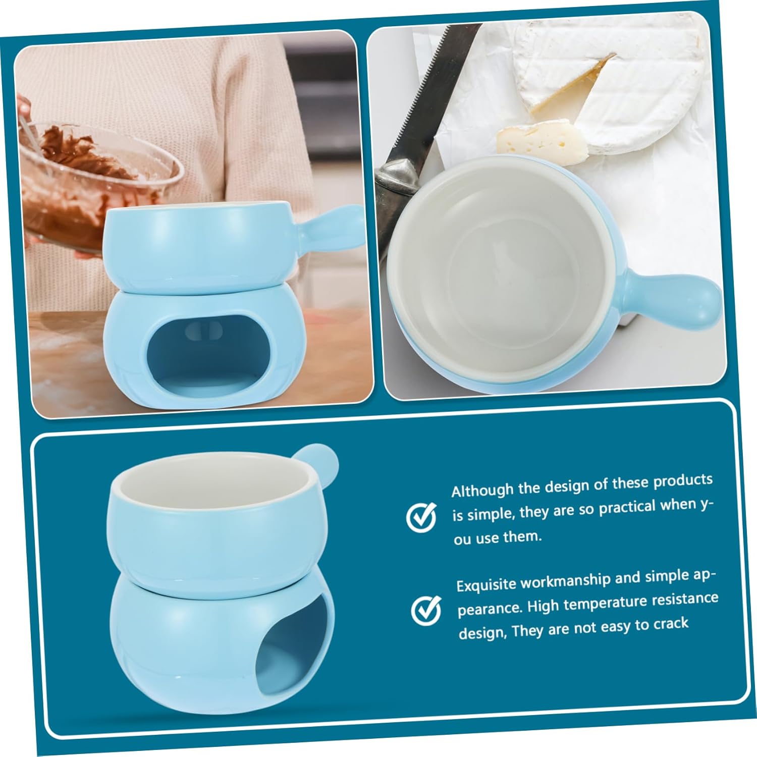 Ceramic Fondue Set for Cheese and Chocolate Melting Includes Single Handle Pot with Base and Forks High Temperature Resistant for Home Hot Pot and Baking