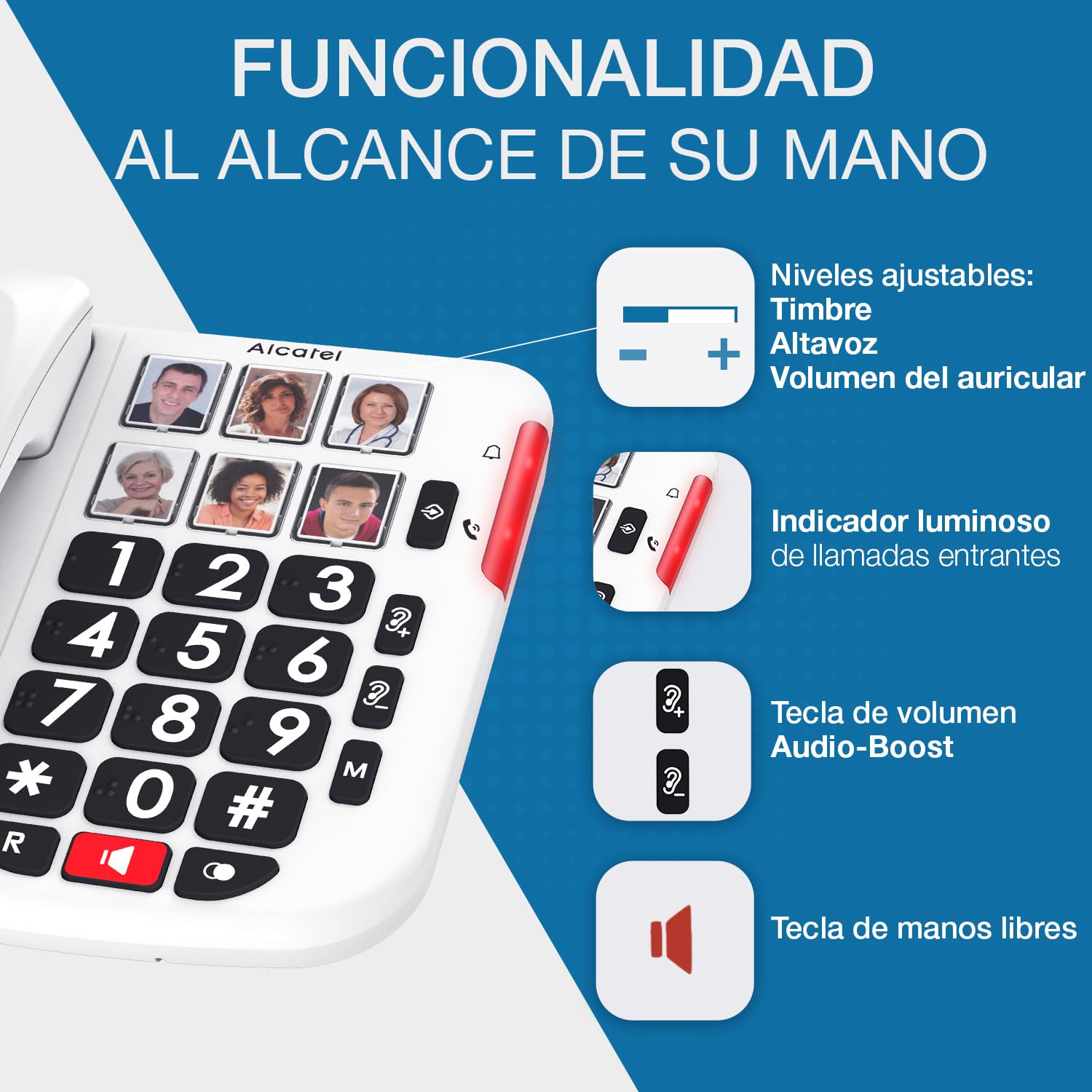 ALCATEL TMAX 10+ Teléfono con Cable para Personas Mayores - Teclas Grandes - Audio Boost - Teclas con Fotos - Manos Libres - Indicador Luminoso de Llamada - Timbre Fuerte - Compatible con audífonos