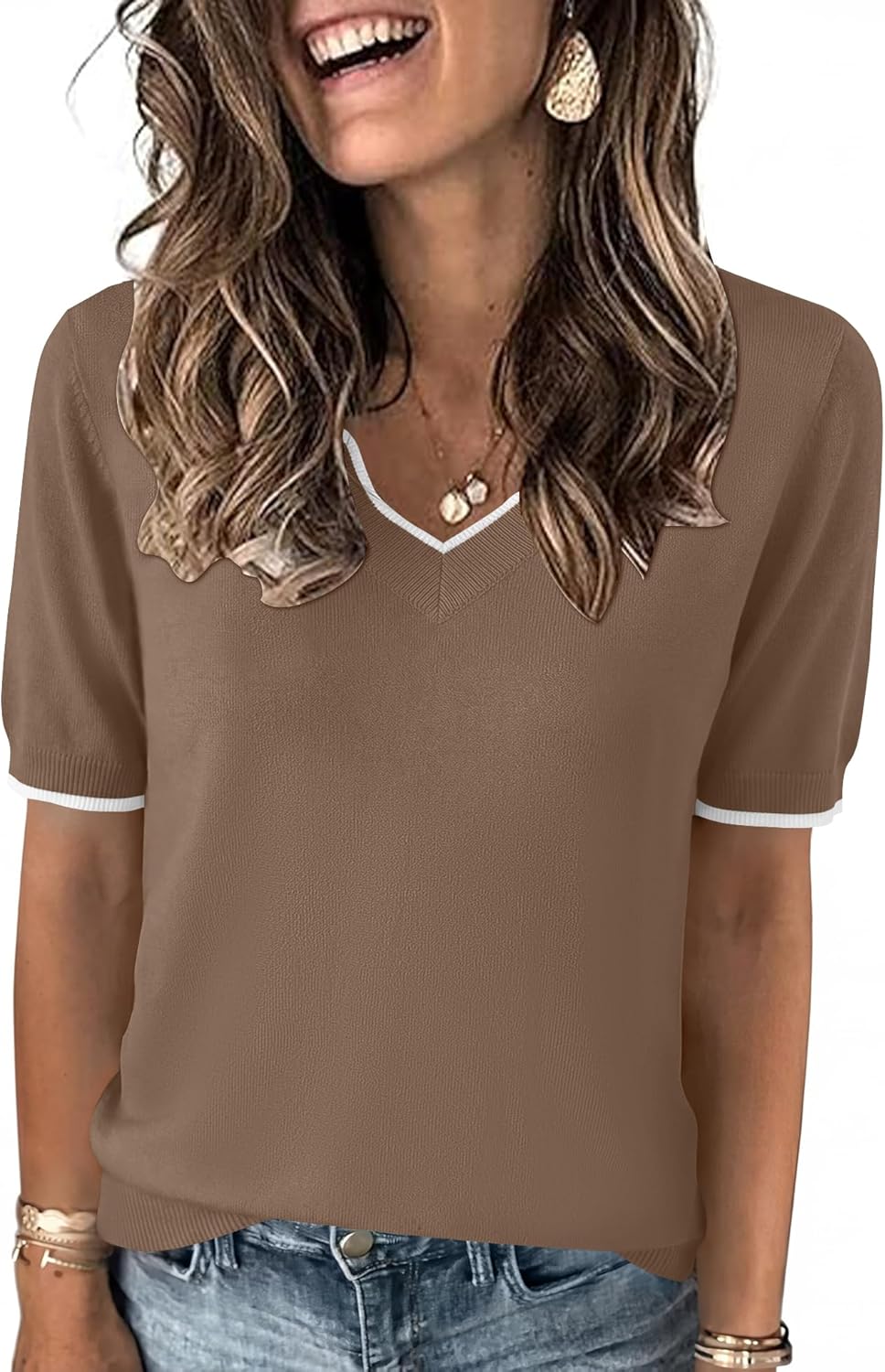 LOMON Womens 2026 Spring V Neck Sweater Casual Tops Short Sleeve Lightweight Ribbed Knit Pullover Sweaters - Image 2