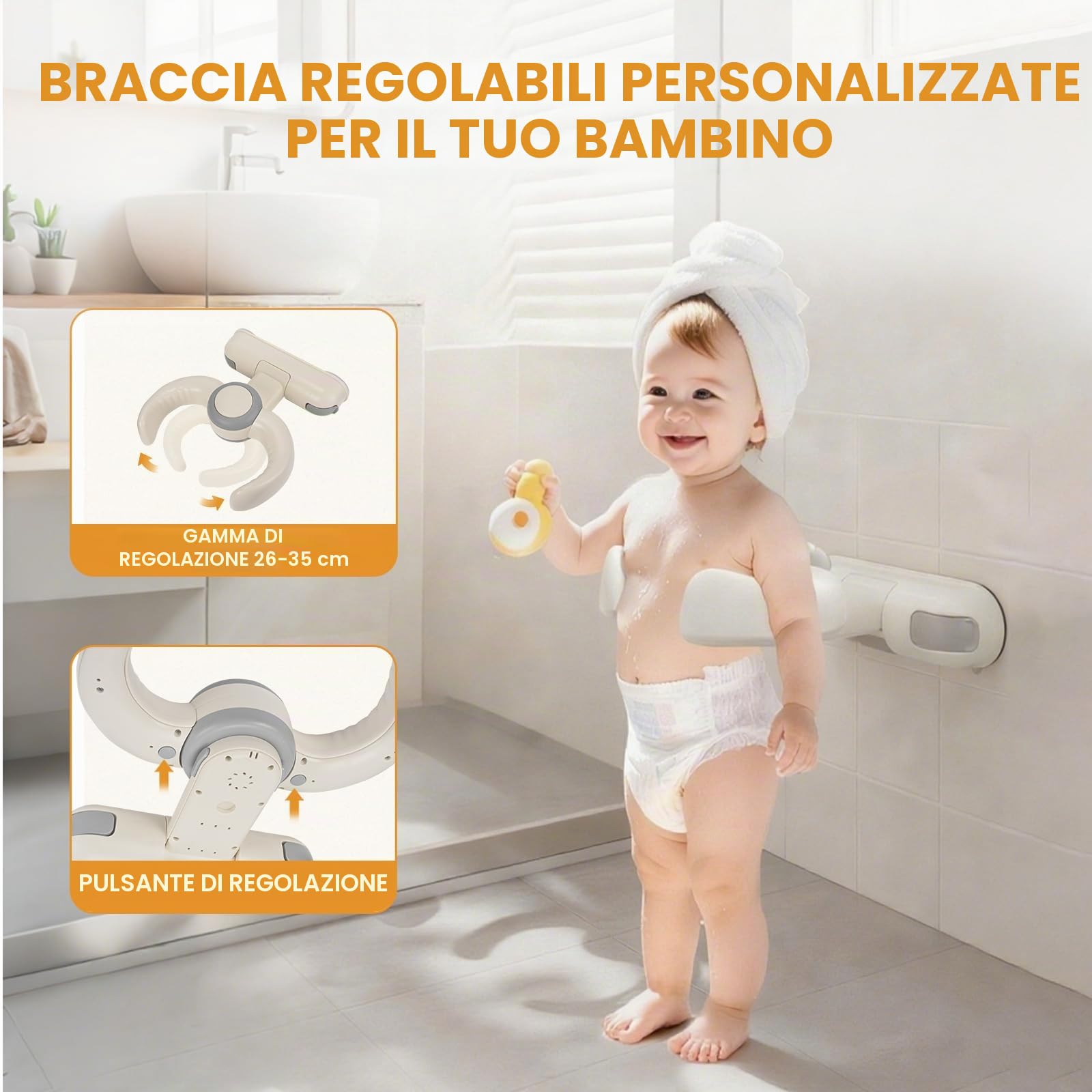 Supporto Doccia Neonati | Altezza Reg. 26-35cm | Antiscivolo Maniglia Sicurezza | Pieghevole Senza BPA | 6-36 Mesi