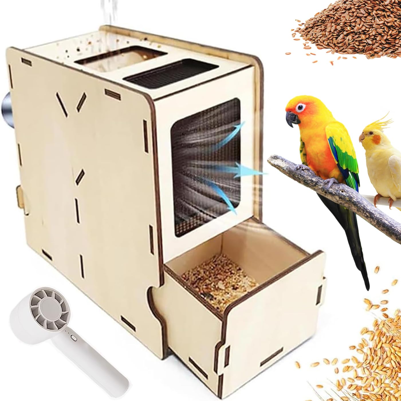 Separatore di gusci soffiati per mangime per Uccelli, separatore di gusci soffiati con asciugacapelli, Macchina per soffiare Cereali per mangime per Uccelli in Legno con cassetto, Macchina