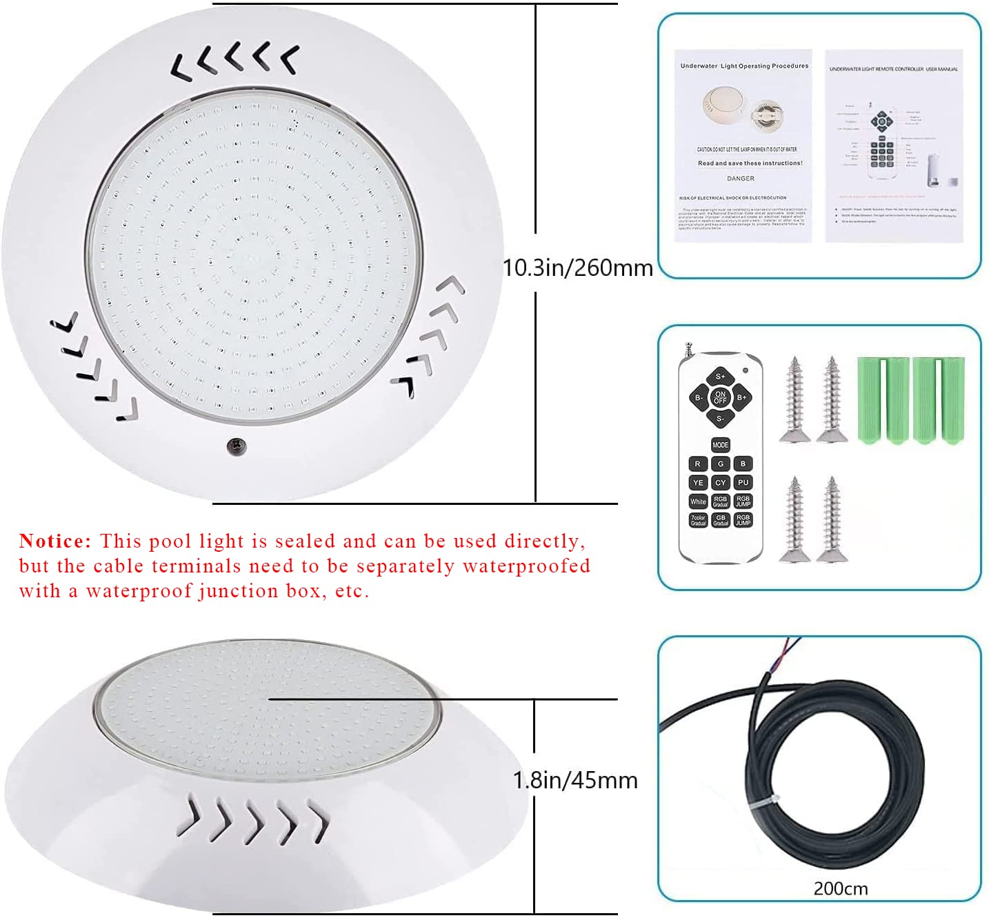 Lampada da piscina con luce LED, proiettore per piscina RGB multi-colore, 30 W, luci LED subacquee impermeabili IP68 con telecomando [AC/DC12 V A+++]