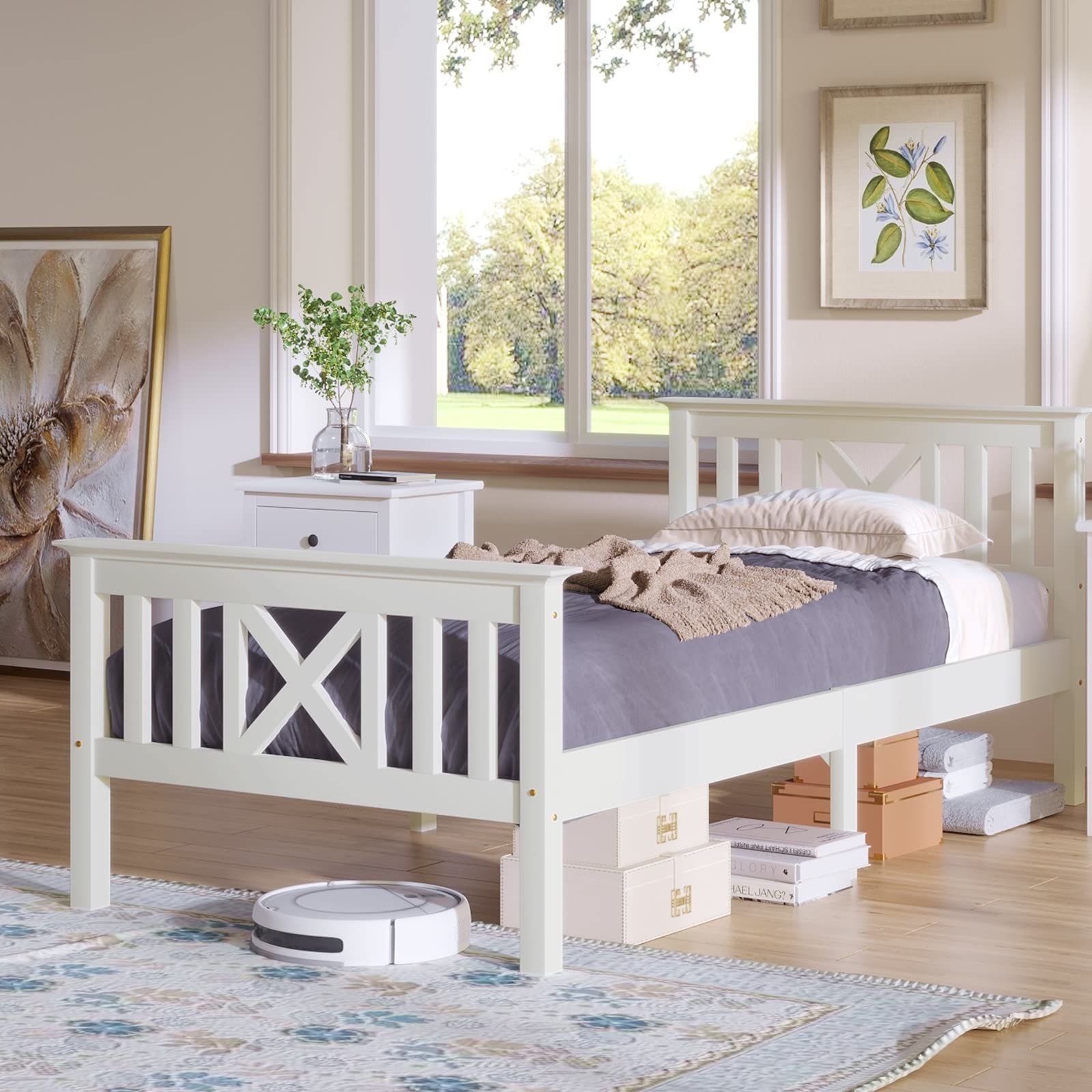 Lit Enfant Maison Blanc 90x190 Cm - Structure En Pin Massif Avec Tête De Lit Maison - Sommier à Lattes Inclus