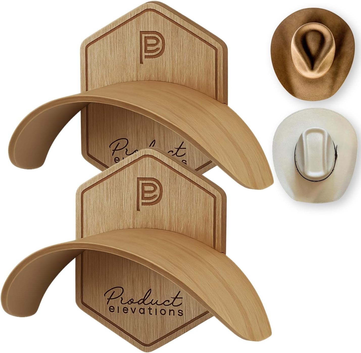 Hat Hooks for Wall Set of 2 – Cowboy Hat Hanger for Fedoras, Caps & Wide Brim Hats – Wooden Curved Rack Preserve Hat Shape – Wall-Mounted Cap Holder for Door & Closet