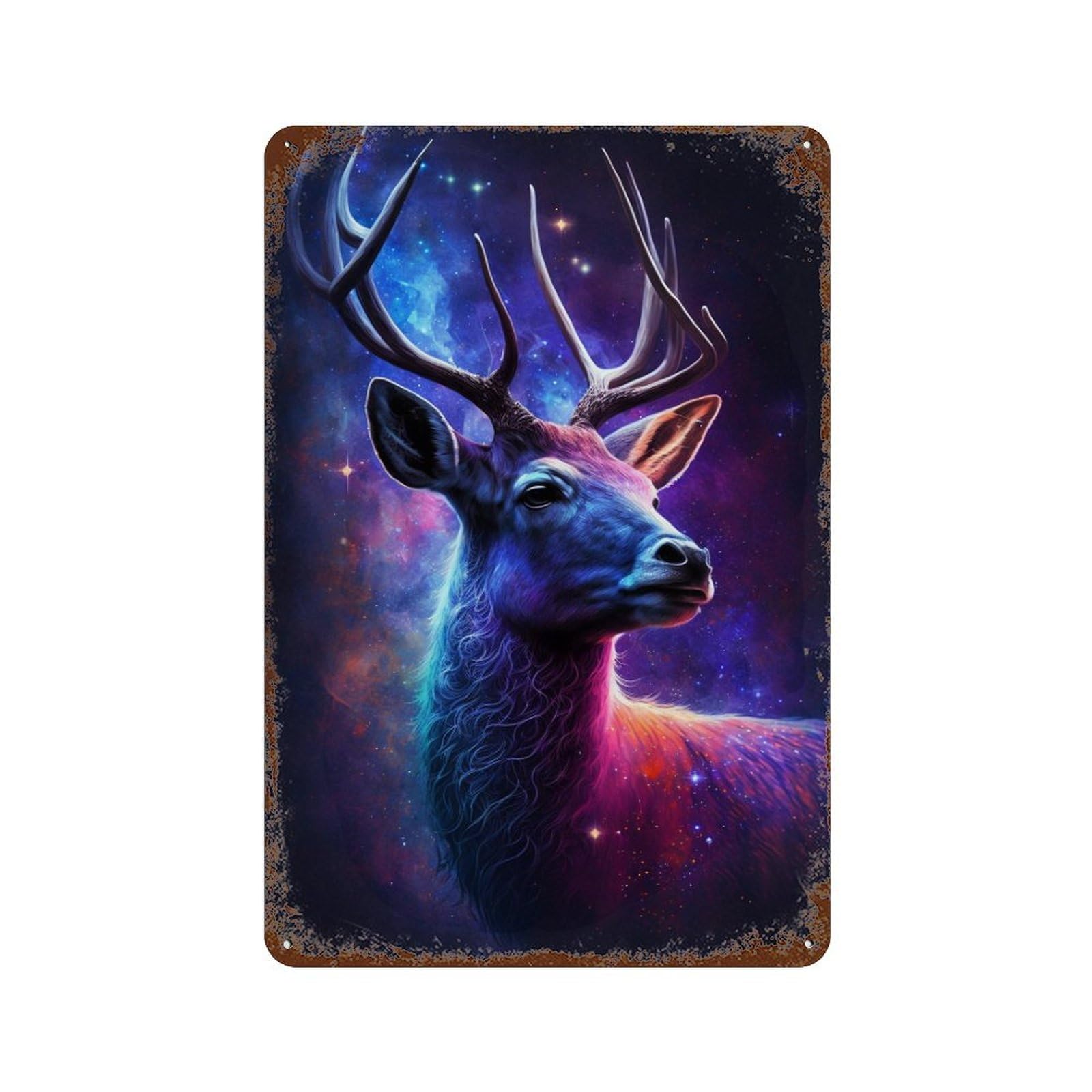 Rustic Tin Plaque Cosmic Deer Fantasy Artwork 11.8"x7.9", Vintage Wall Decor for Pub, Kitchen And Man Cave Decor