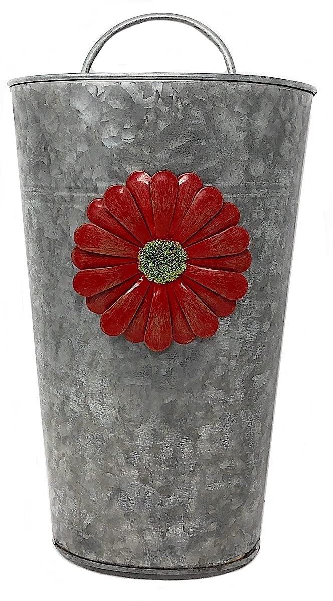 Wall Planter Hanging Metal Half Bucket Container Organizer W Removable Metal Flower Decorative Plants Tools Distressed Indoor or Outdoor 13" x 7" (Galvanized W Red Flower)