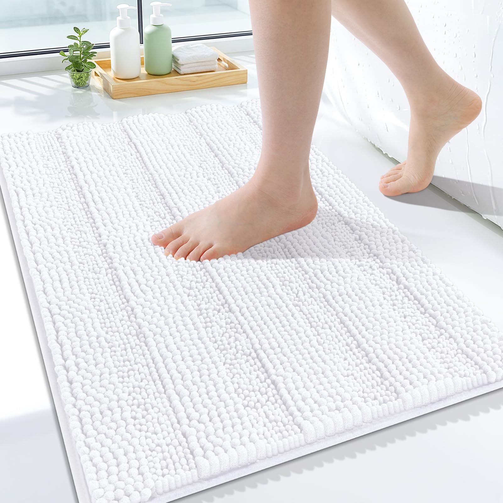 Grandaily Chenille Bathroom Rugs 24x16, Soft Bath Mats, Solid White