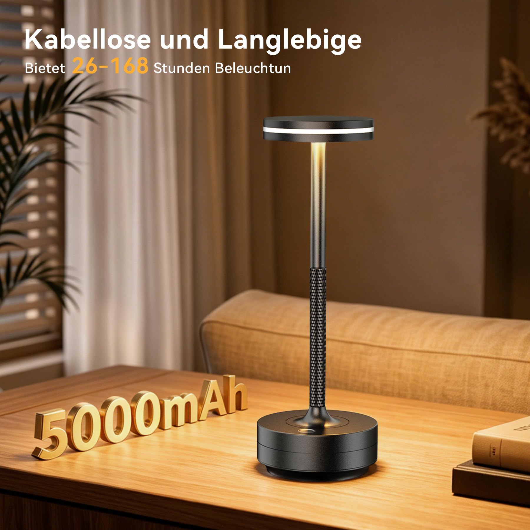 2 Stück Aluminium LED Tischlampe Kabellos, IP54 Wasserdicht 5000mAh Tischleuchte Kabellos mit Memory Funktion, Nachttischlampe Touch ohne Kabel mit 3 Farbtemperatur für Abendessen Restaurant (Schwarz)