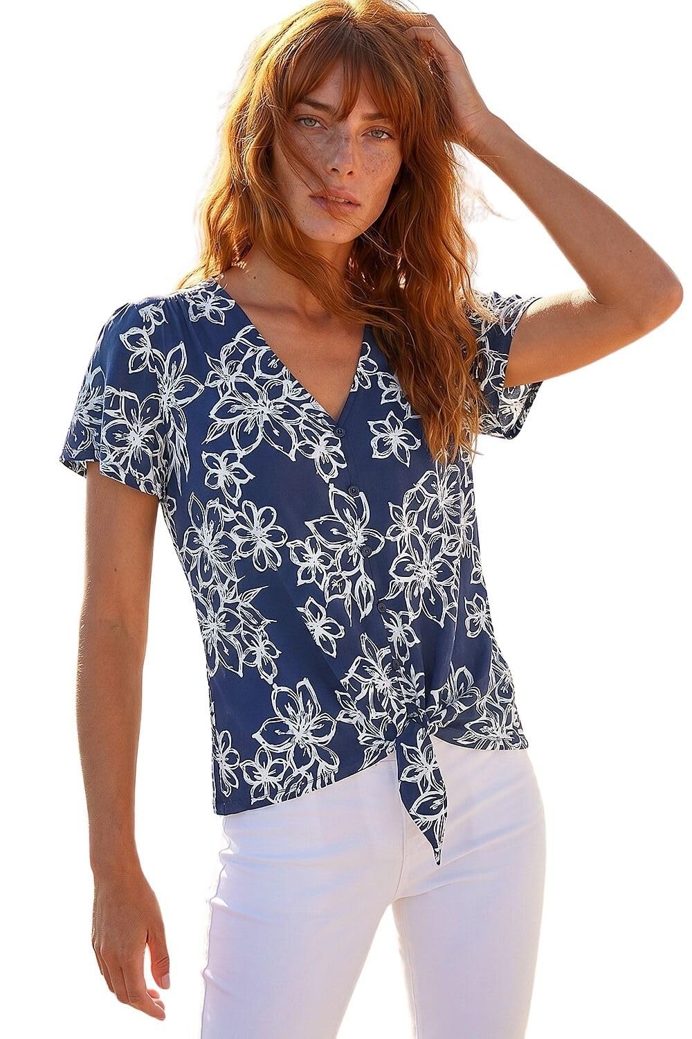 Roman Women's Navy Textured Floral Print Tie Front Top Size 20