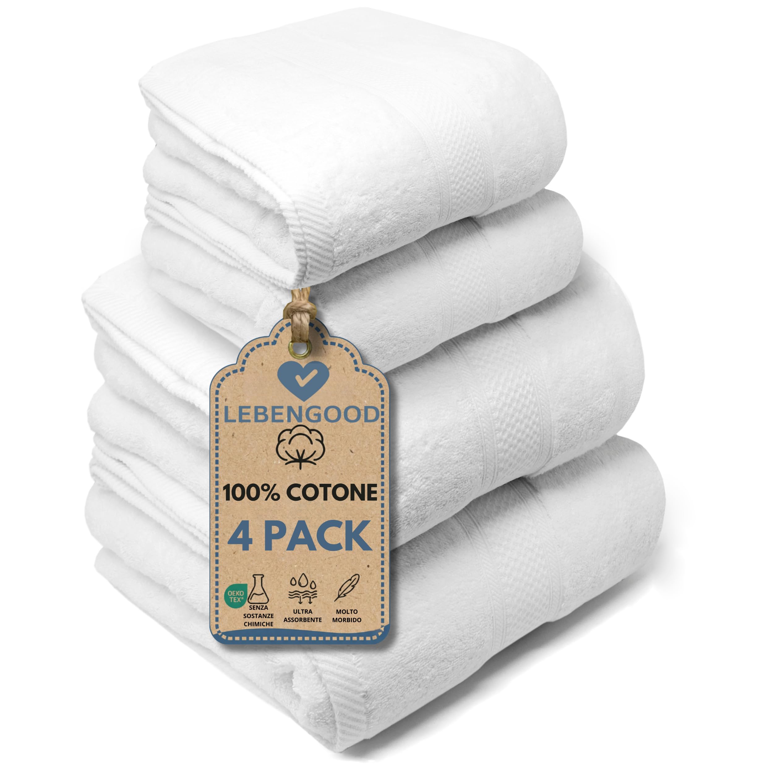 LEBENGOOD – Set Asciugamani Bagno 4 Pezzi – 2 Asciugamani Viso 50x90 cm + 2 Teli Doccia Grandi 70x140 cm – 100% Cotone Spugna OEKO-TEX® – Extra Morbidi Super Assorbenti – Ideali Casa Hotel Spa