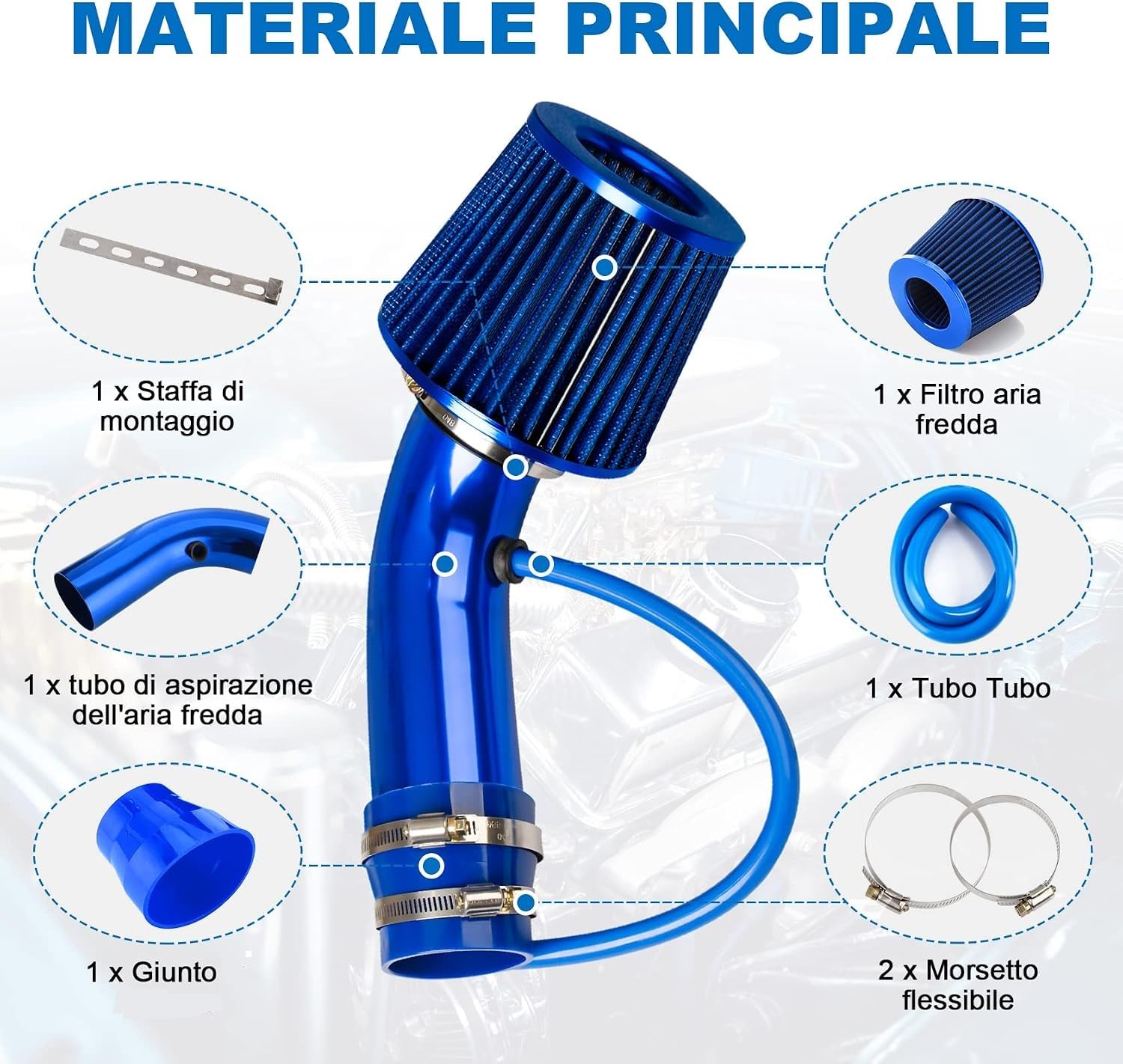 Pindex Filtro Aria Sportivo Auto: Filtro di Ingresso Dell'aria Filtro a Cono in Fibra di Carbonio con Tubo Aspirazione Aria - Blu