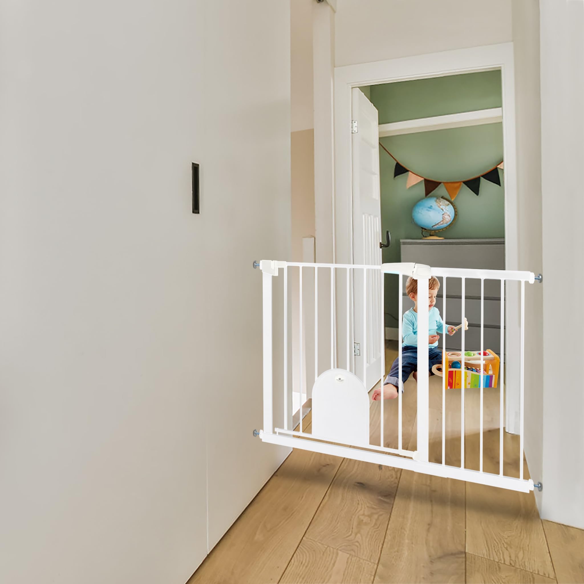 Froadp Griglia di protezione per porte per bambini, 105-115 cm, senza foratura, con porta per cani e gatti, orientabile su entrambi i lati, griglia di intercettazione automatica, per animali