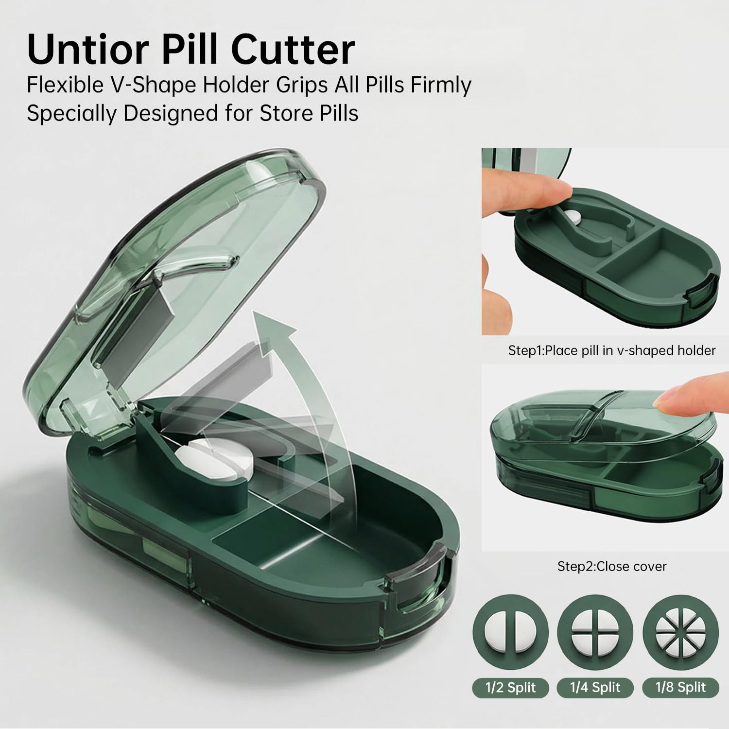 Pill Cutter Splitter for Small or Large Pills, Portable Pill Splitter with Hidden Professional Organizer and Brush, Tablet Cutter Medicine Slicer, Coupe Pilule for Tablets and Vitamins (Green)